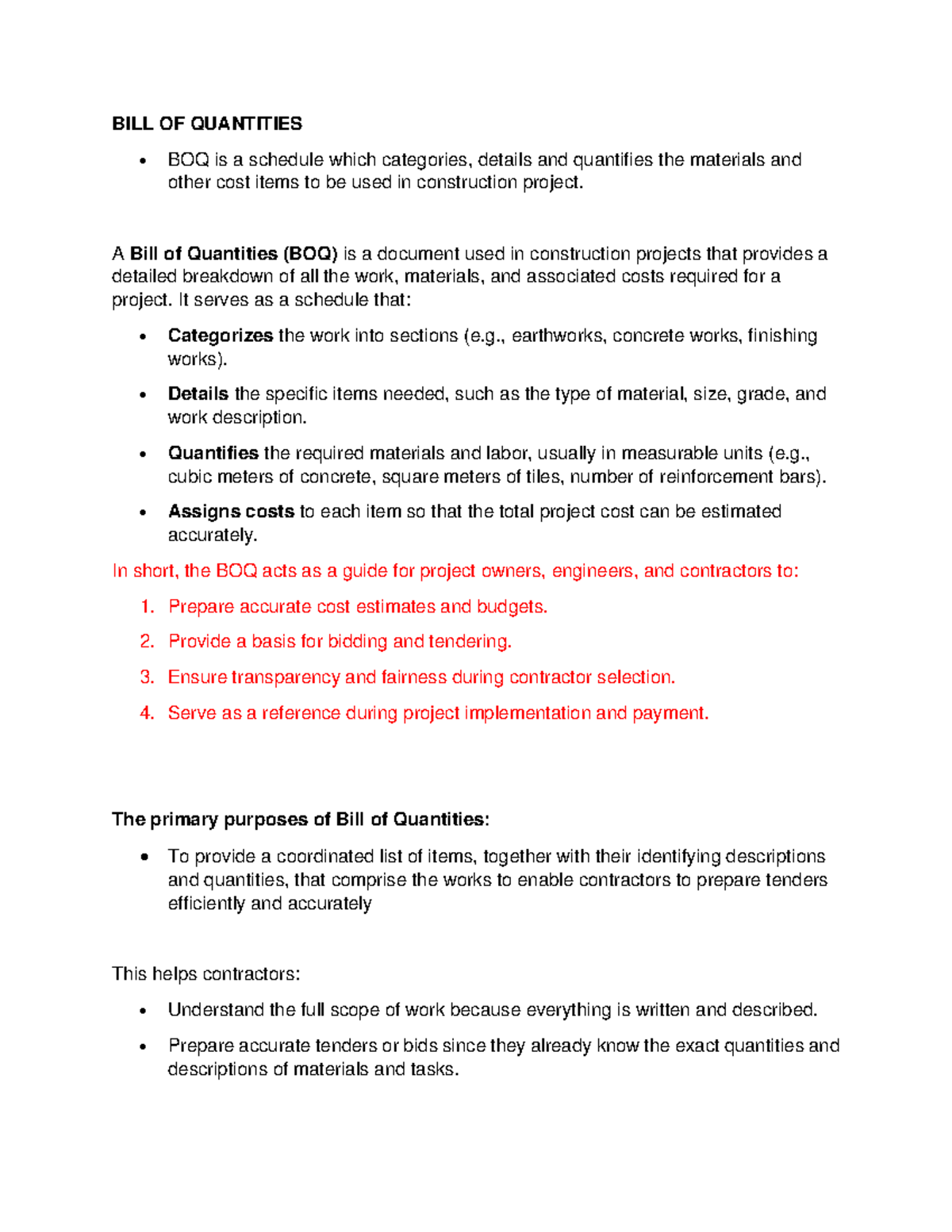 Report on Bill of Quantities (BOQ) for Construction Projects - Studocu