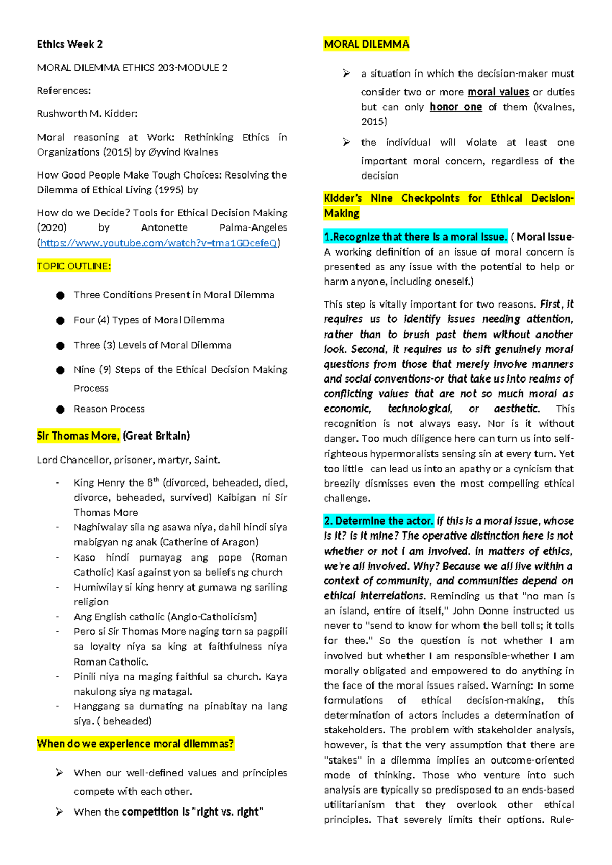 Ethics-Week-2 - ETHICS - Ethics Week 2 MORAL DILEMMA ETHICS 203-MODULE ...