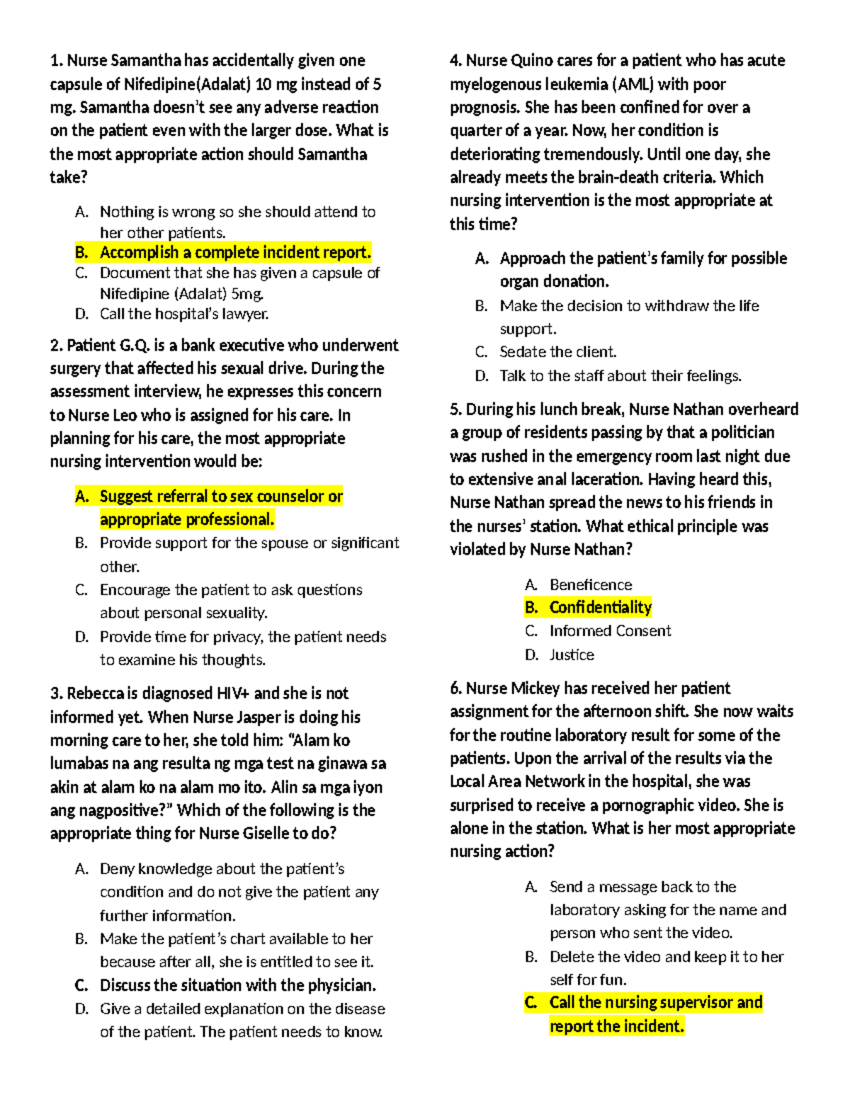 Bioethics Midterm Practice Questions (Course Code: NUR 101) - Studocu