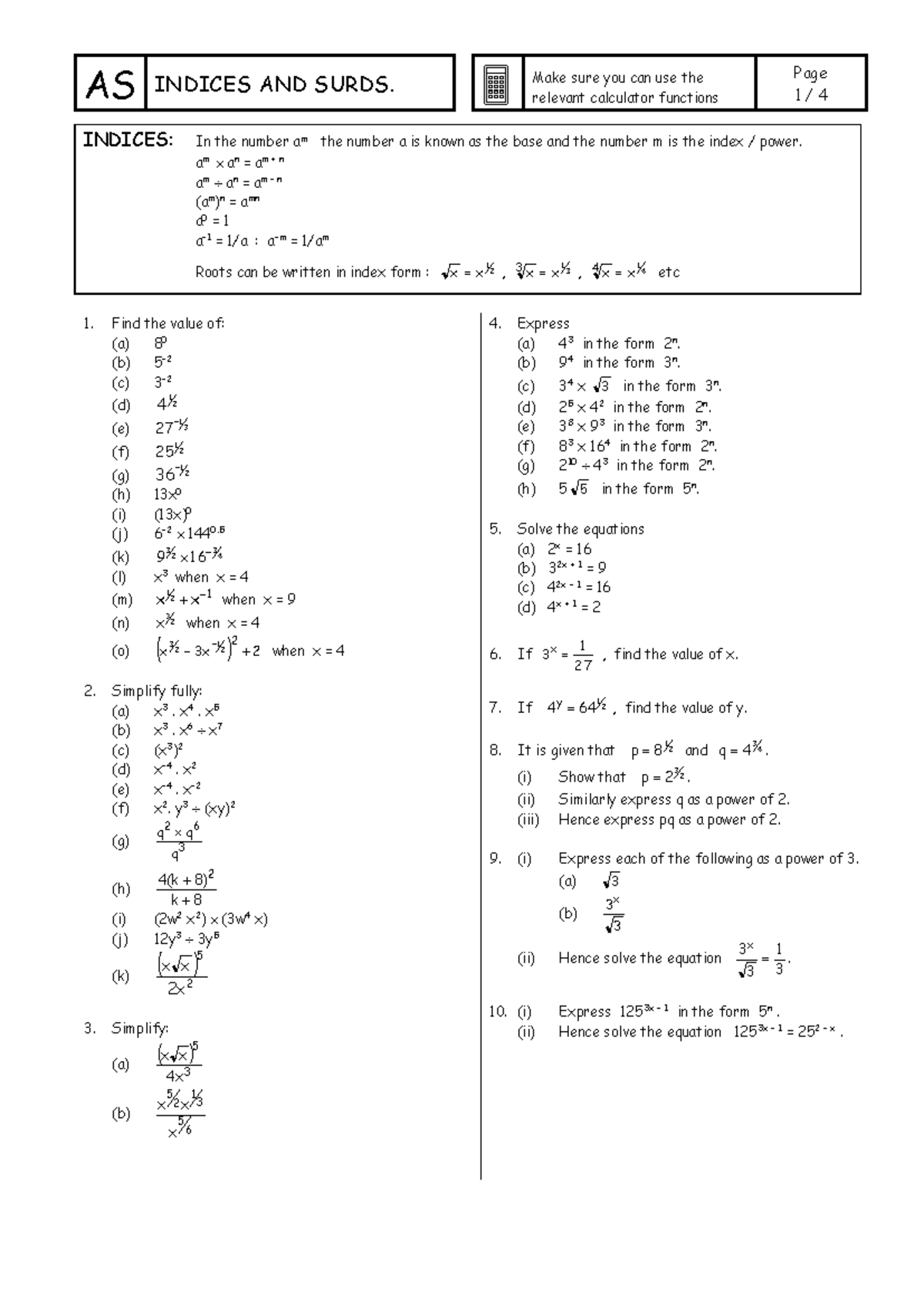 C1 - Surds and Indices - Study Notes for AS Level - Studocu