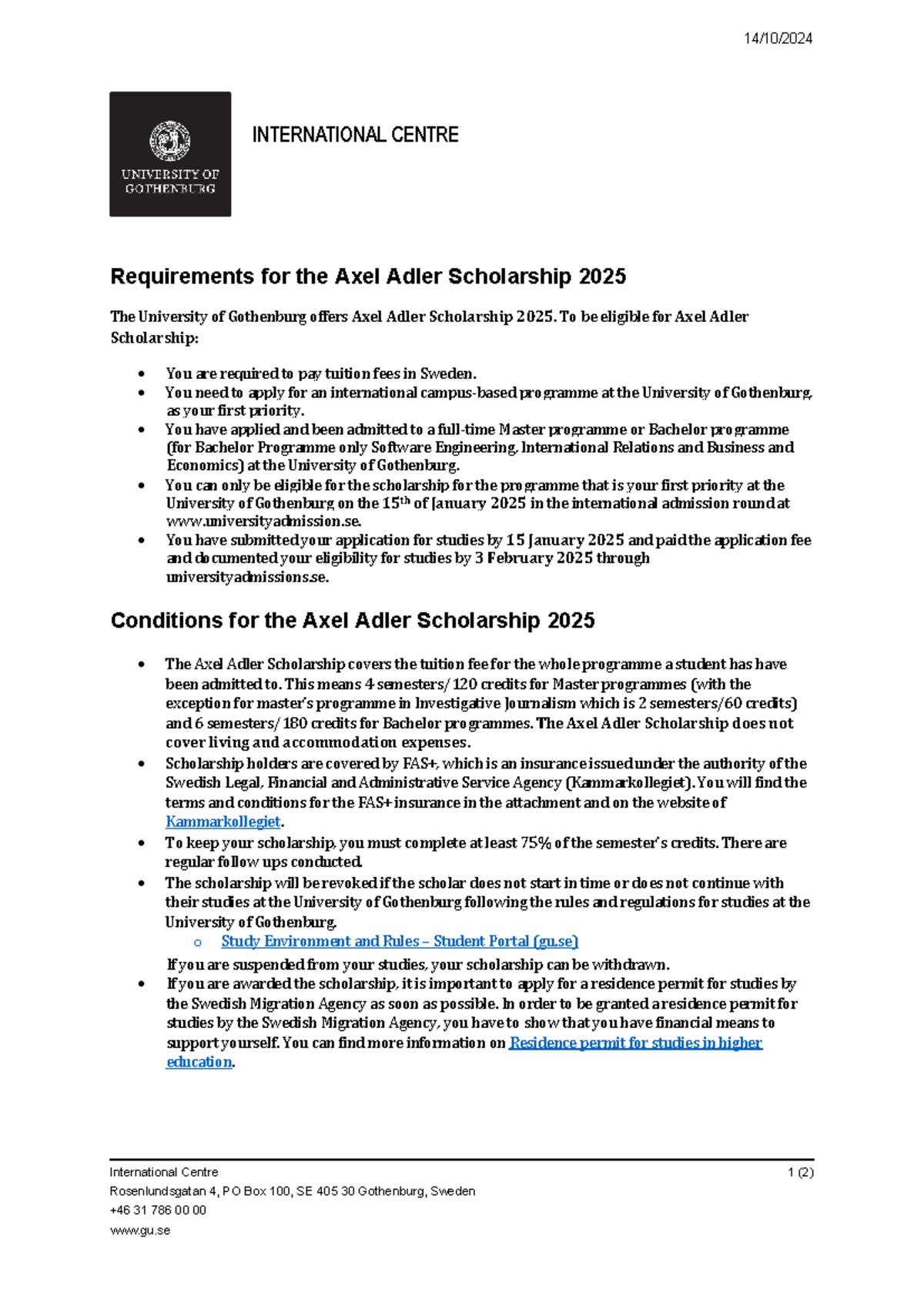 Axel Adler Scholarship 2025 Requirements - University of Gothenburg -  Studocu