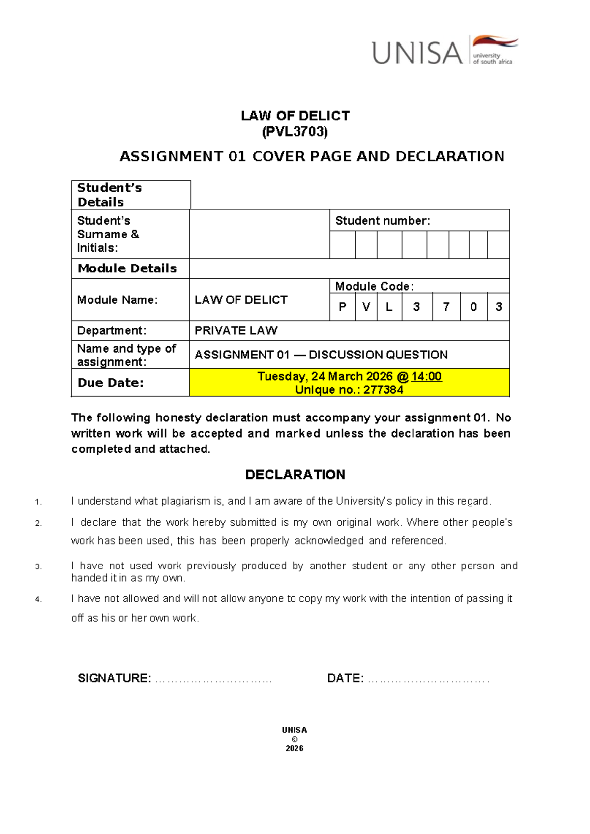 PVL3703 Assignment 01 Cover Page & Declaration 2026 - Studocu