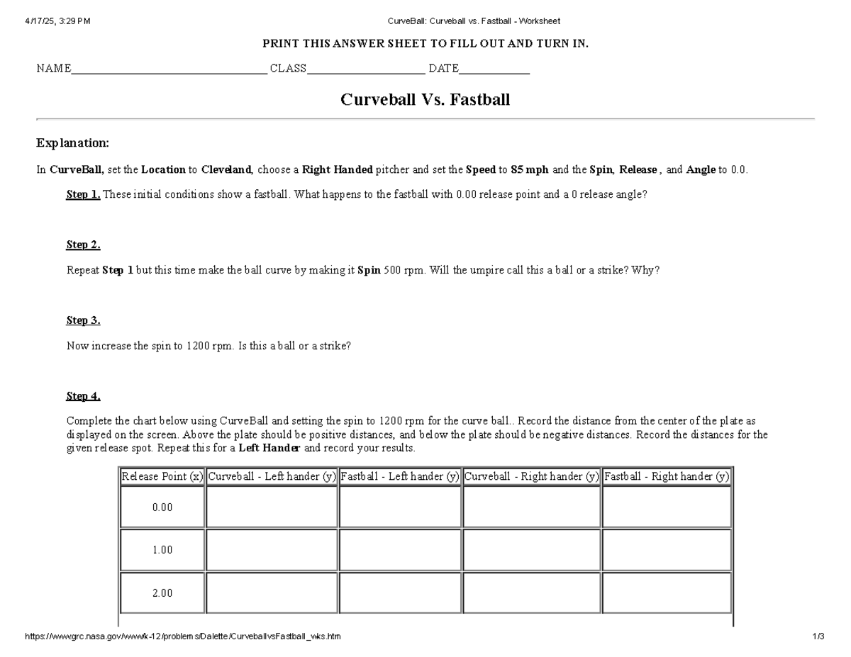 Curve Ball Curveball vs. Fastball - Worksheet - PRINT THIS ANSWER SHEET ...