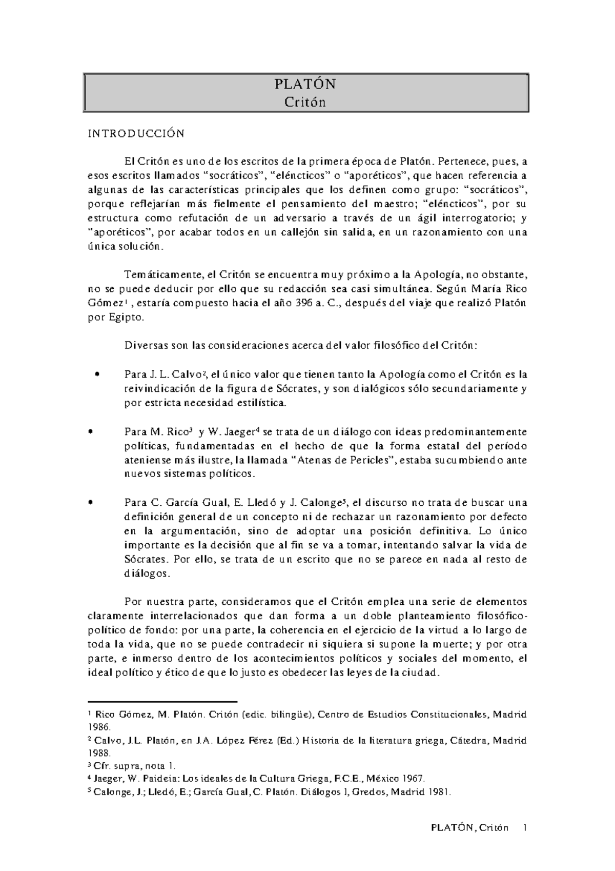 Lectura del Critón de Platón: Análisis y Reflexiones Filosóficas - Studocu