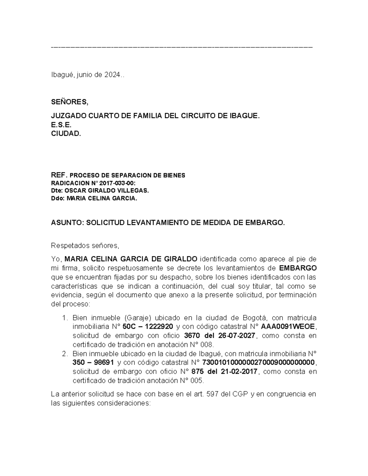 Solicitud de Levantamiento de Medidas Cautelares en Proceso de Separación - Document Preview