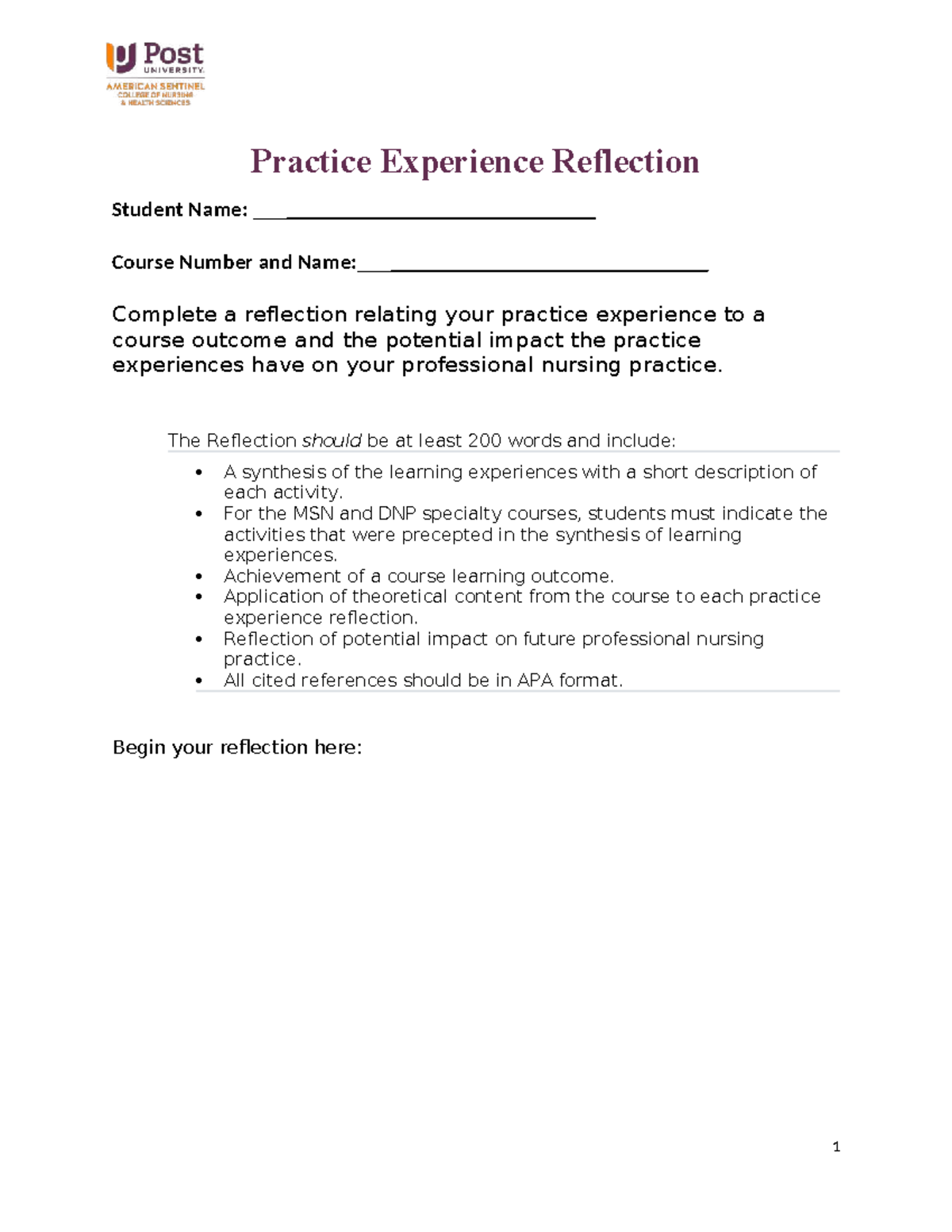 Practice Experiences Reflection 2024 - Practice Experience Reflection ...