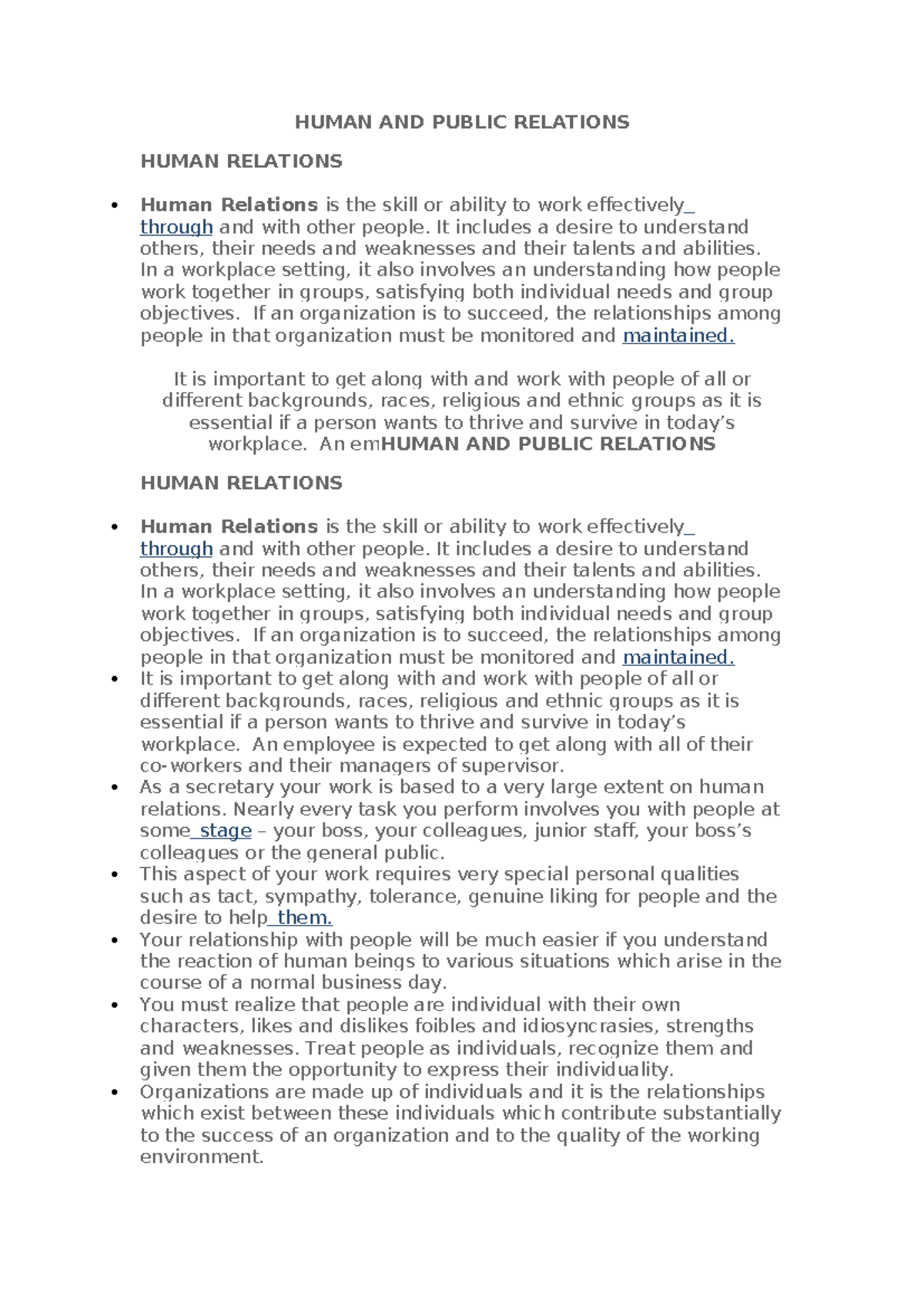 Human & Public Relations: Understanding Workplace Dynamics - Studocu