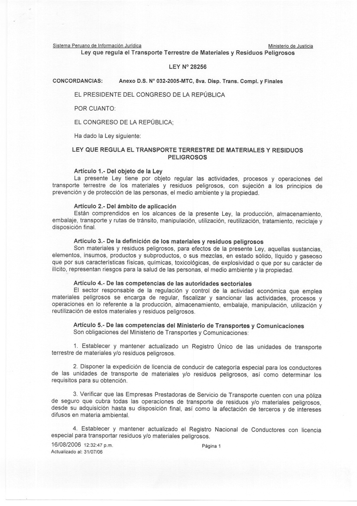 Ley 28256: Regulación del Transporte de Materiales Peligrosos - Studocu