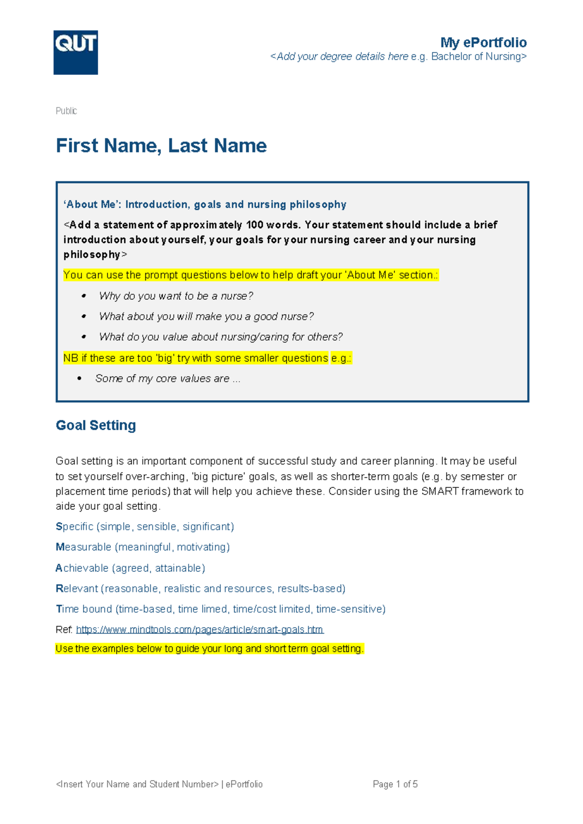 Nursing Student ePortfolio Template: Goals & Reflections NSB104 - Studocu