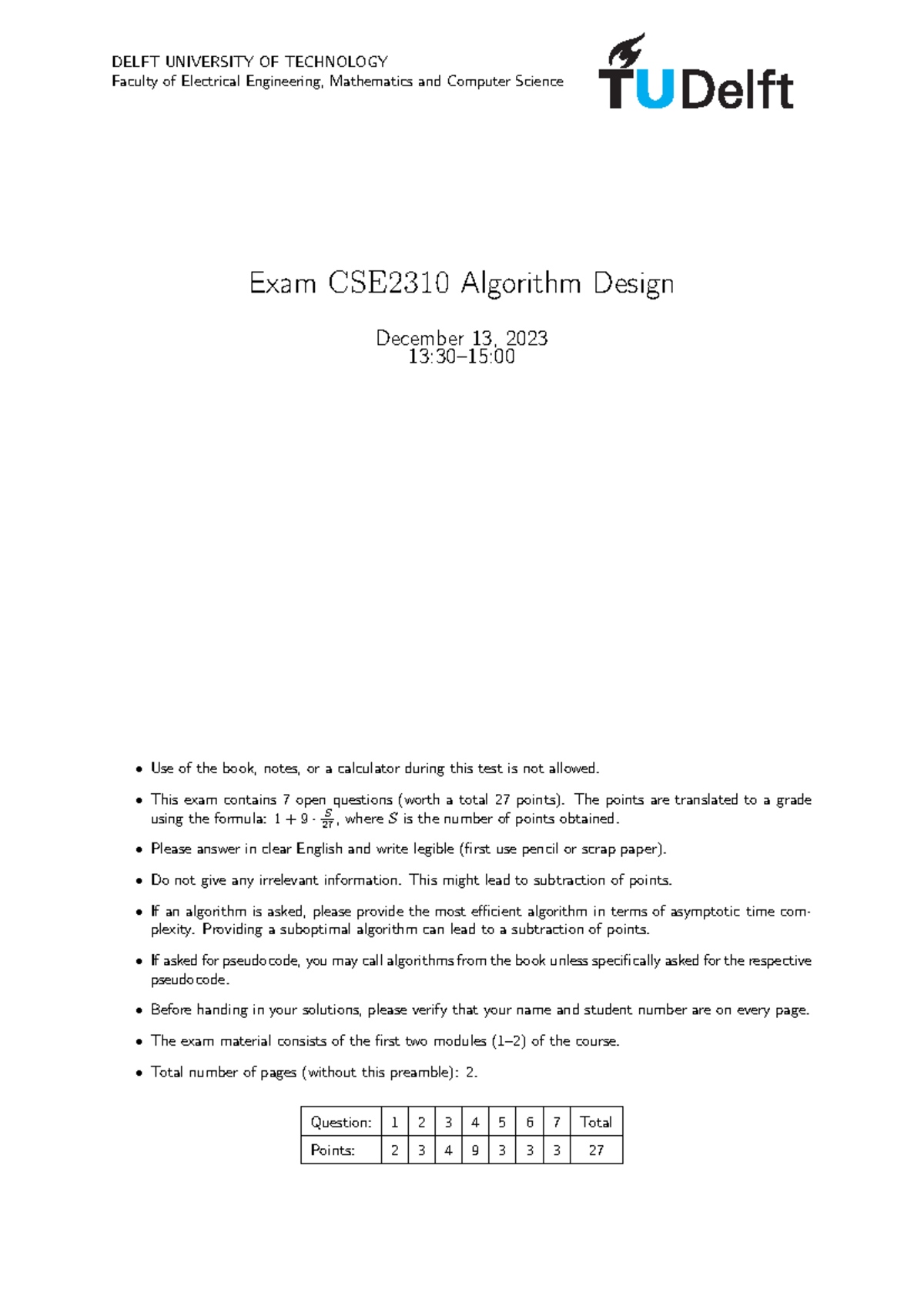 CSE2310 Final Exam: Algorithm Design Questions & Guidelines - Studeersnel