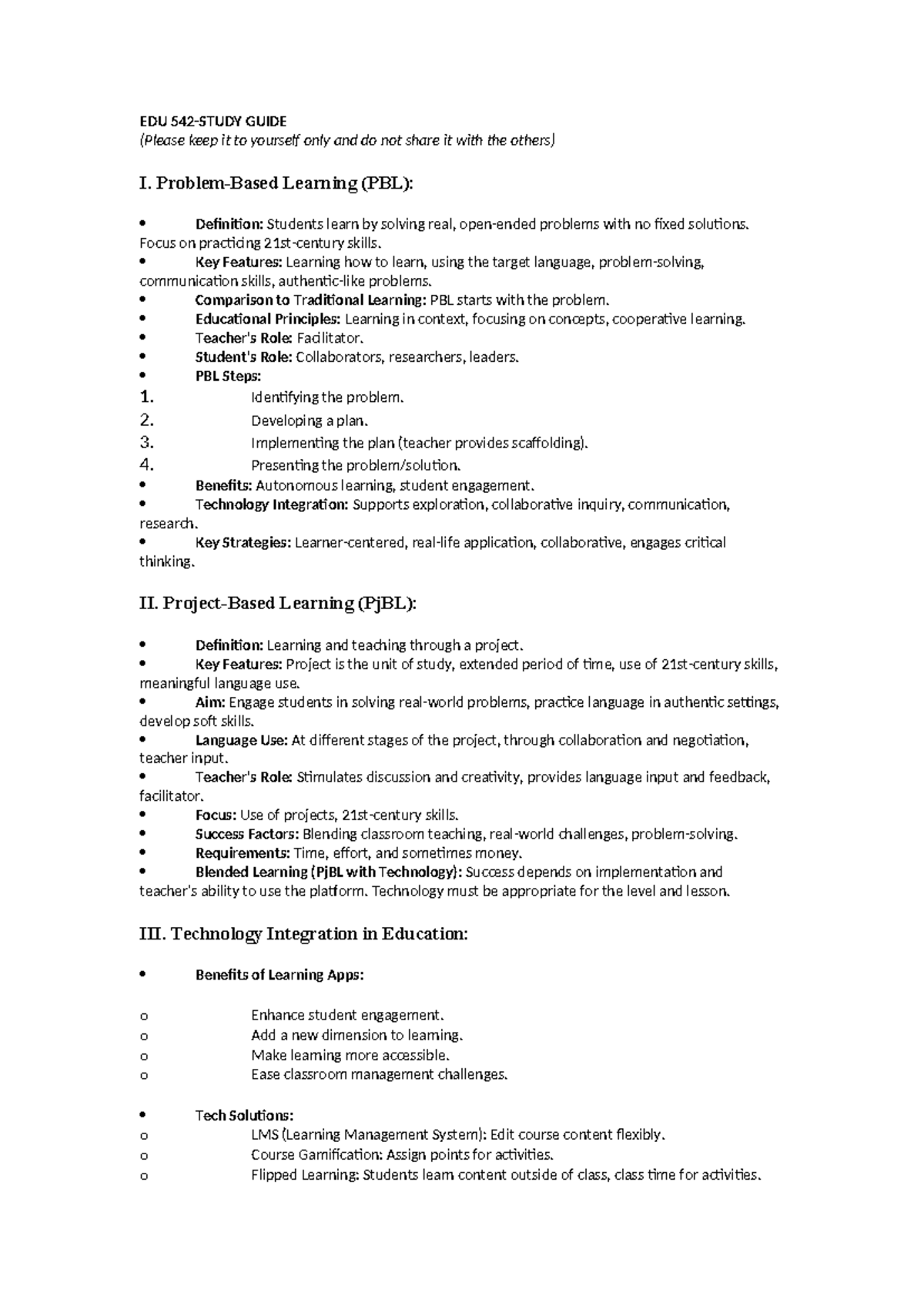 P2-EDU-542-Study Guide: Project-Based Learning & Tech Integration - Studocu