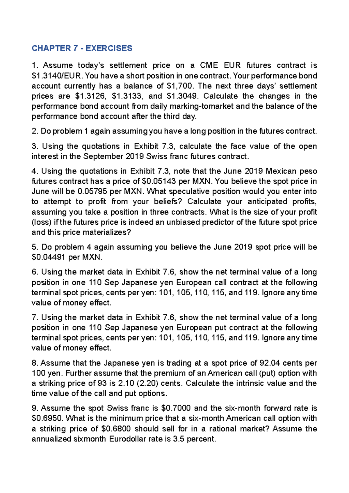 Exercises for Chapter 7 - Futures and Options Analysis - Studocu
