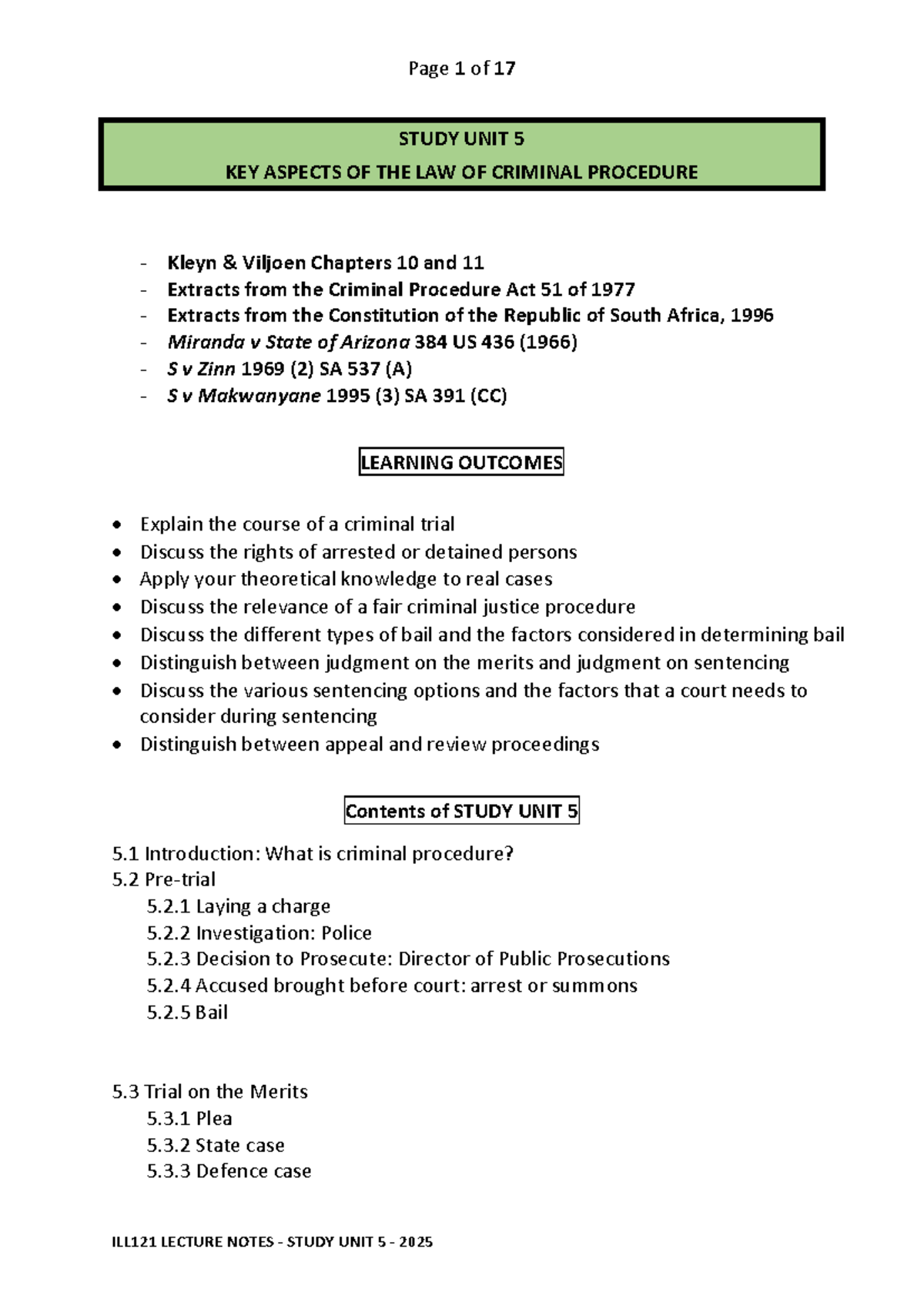 ILL121 LECTURE NOTES - STUDY UNIT 5 - OVERVIEW OF CRIMINAL PROCEDURE ...