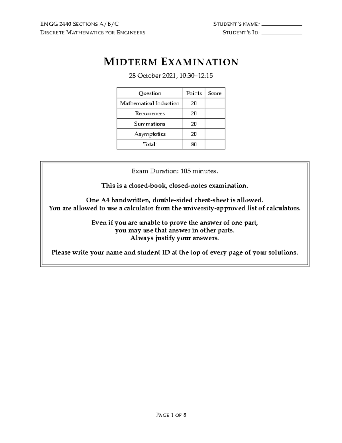 ENGG 2440 Fall 2021 Midterm Exam Solutions and Detailed Analysis - Studocu