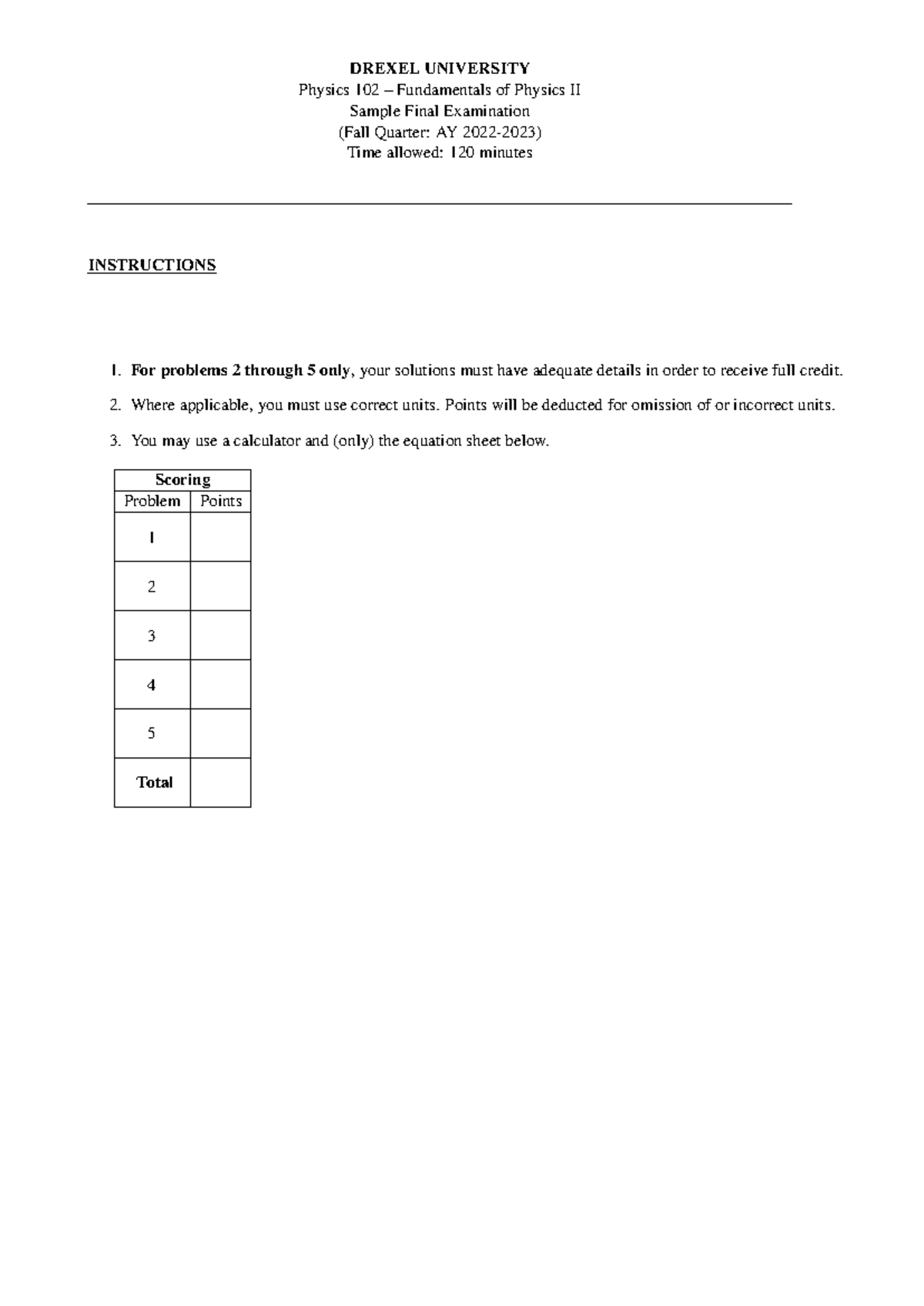 Physics 102 Final Exam Sample - Fall Quarter AY 2022-2023 - Studocu