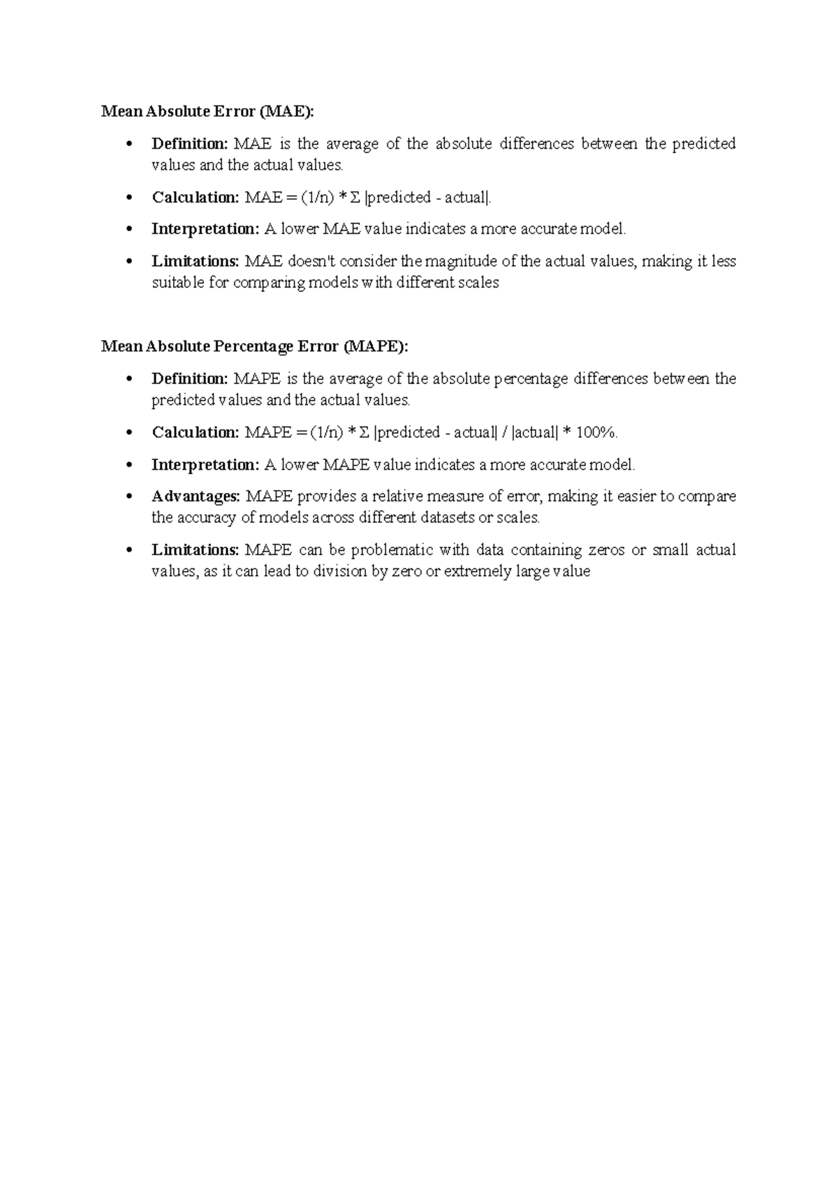 MAE & MAPE: Key Concepts and Limitations - QA Notes - Studocu