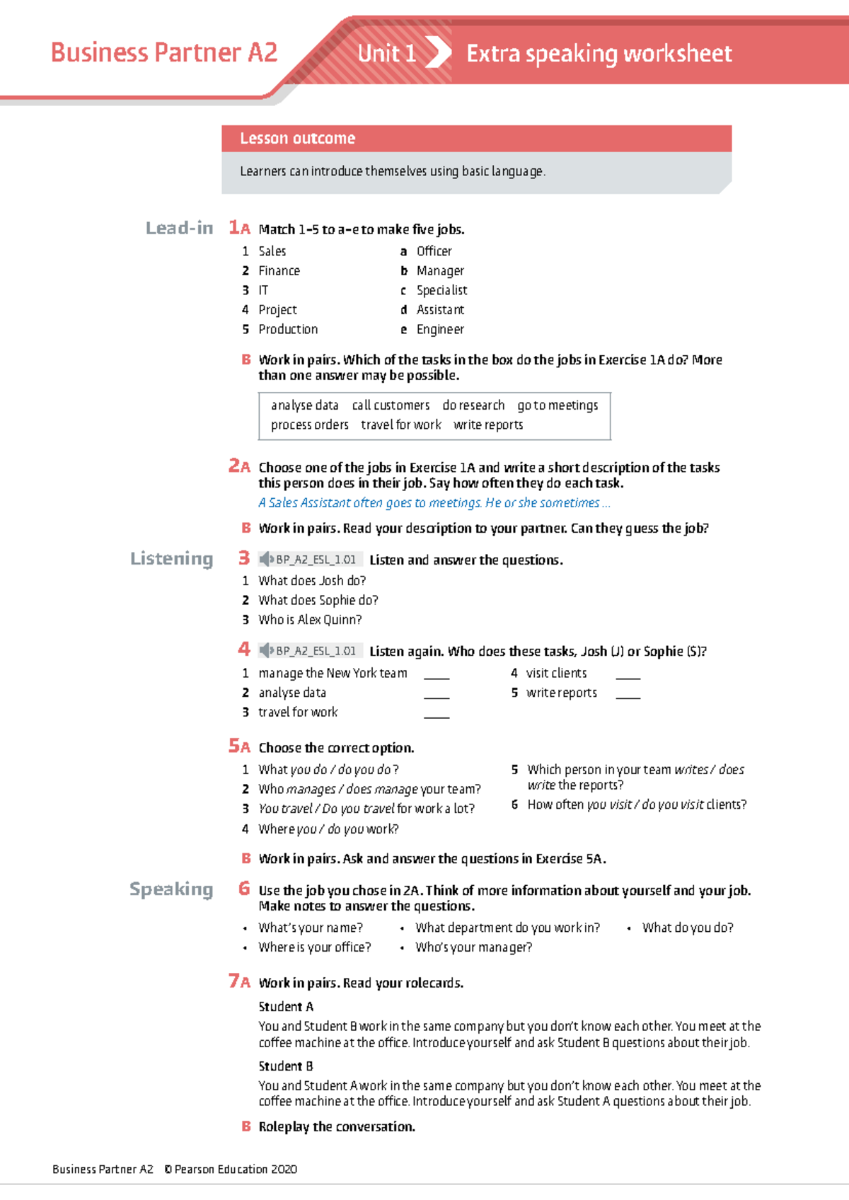 BP A2 Extra Speaking U1L4 wkst - Business Partner A2 © Pearson ...