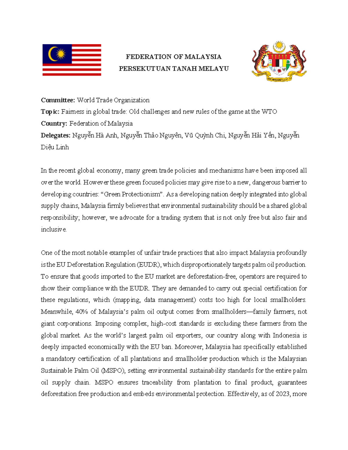 Position Paper - Malaysia: Fairness in Global Trade at WTO - Studocu