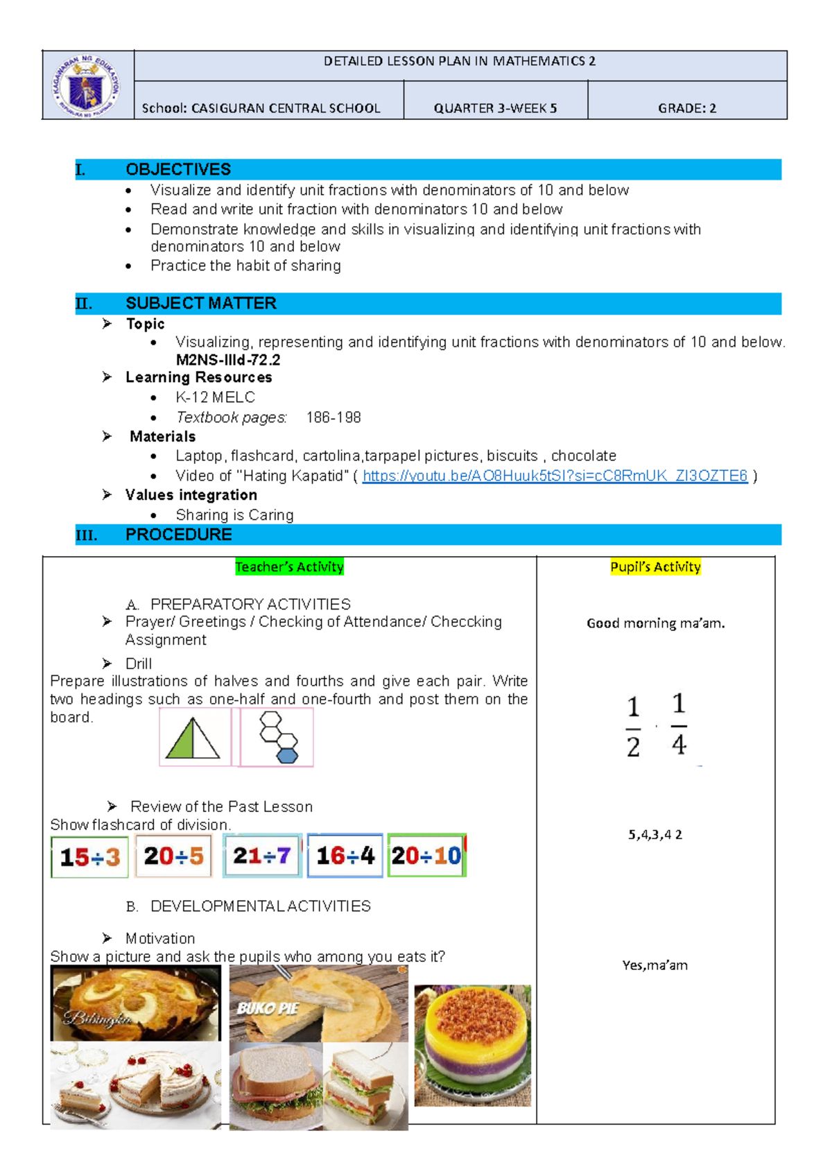Detailed Lesson Plan in Mathematics 2: Unit Fractions - Studocu