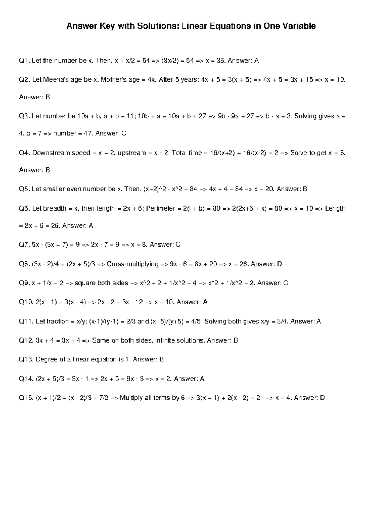 Test 2: Linear Equations in One Variable MCQ Solutions - Studocu