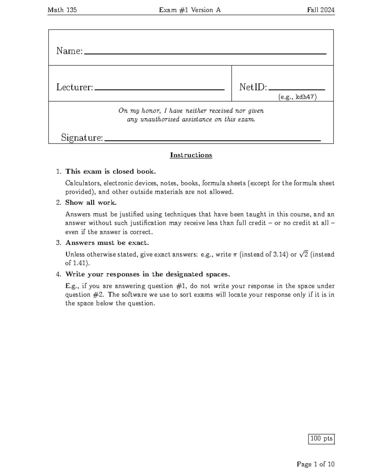 Math 135 Final Exam Version A Fall 2024 - Instructions & Problems - Studocu