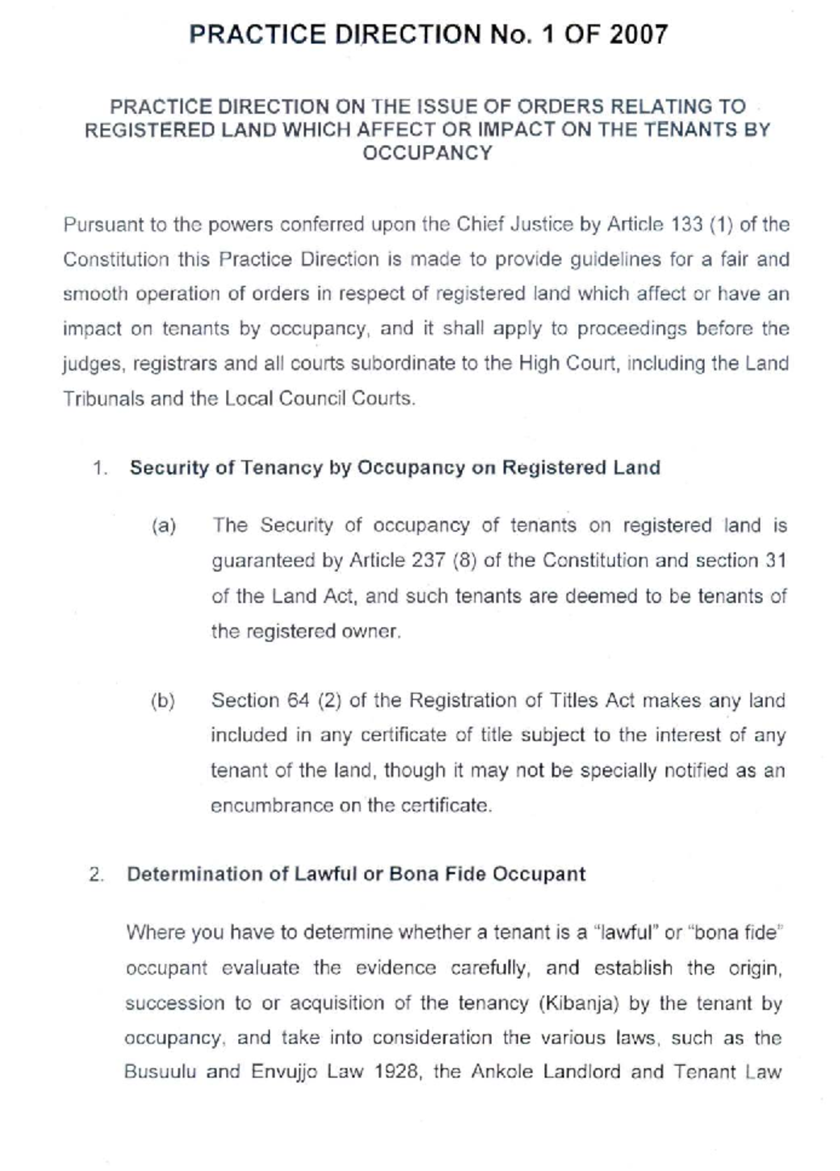 PRACTICE DIRECTION No. 1 OF 2007: Guidelines on Tenant Occupancy Rights ...