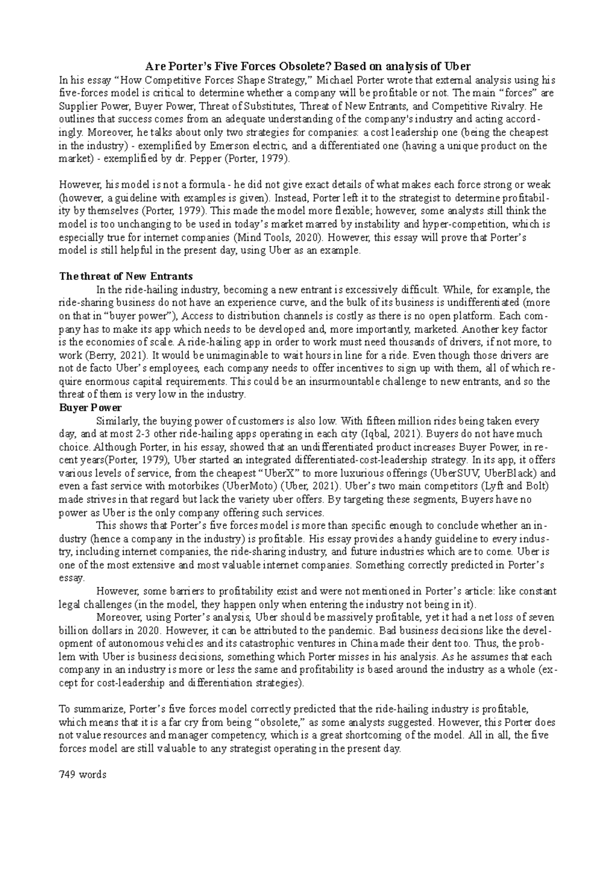 Essay on the Relevance of Porter’s Five Forces in Uber's Market ...
