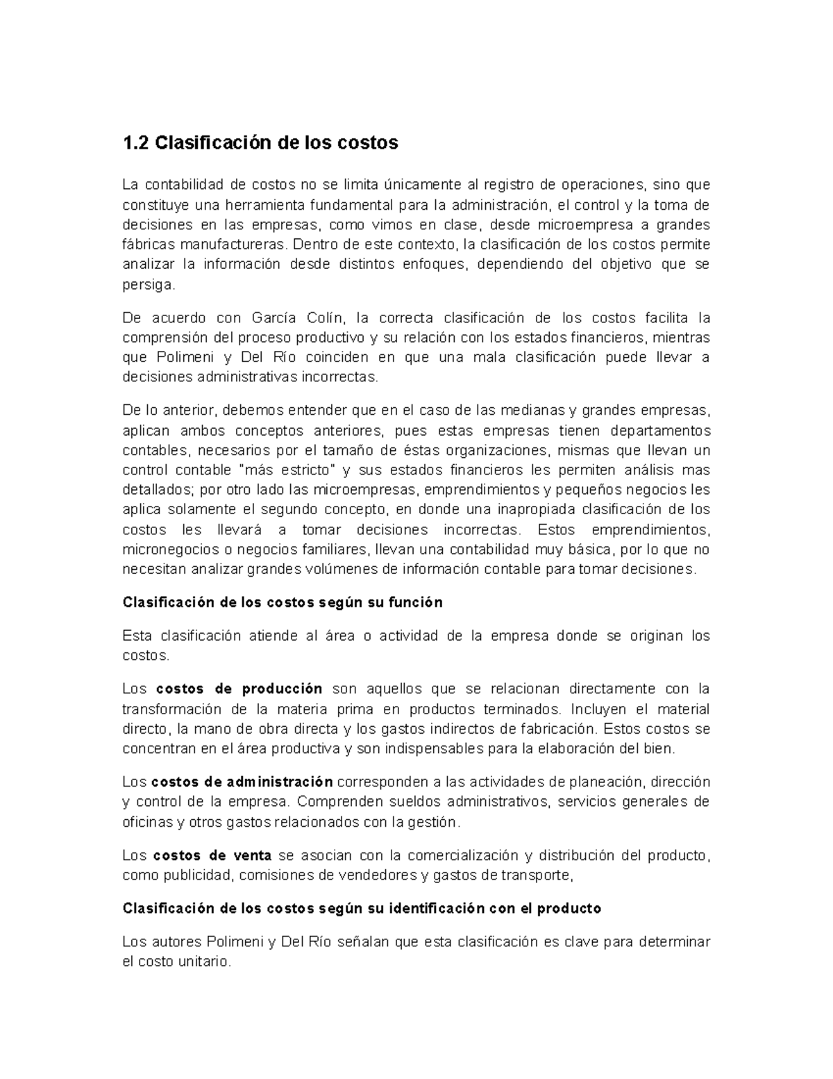 Tema 1.2: Clasificación de los Costos en Contabilidad - Studocu