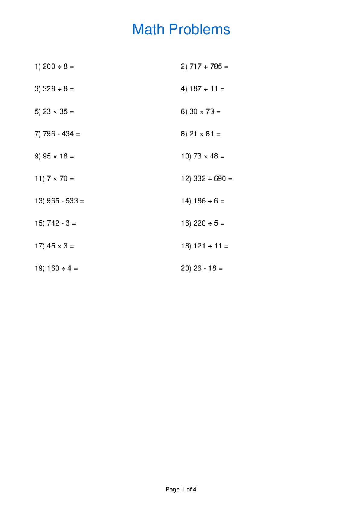 Math worksheet practice: problem set and answer key - Studocu
