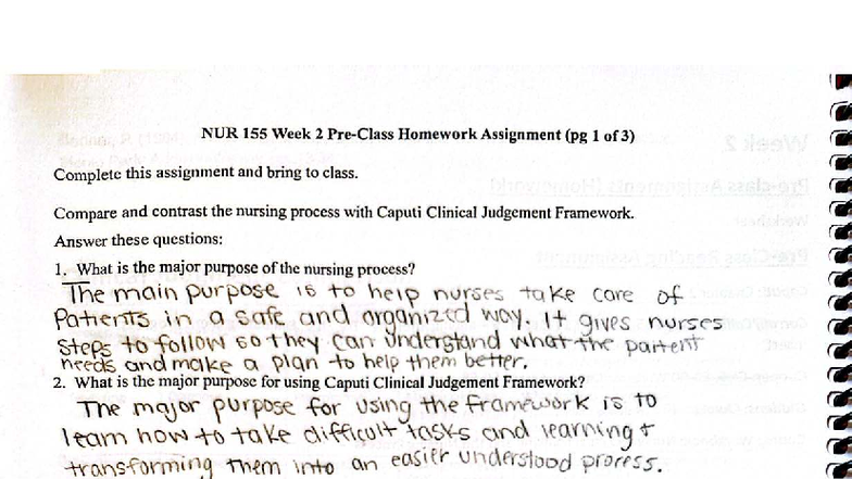 NUR 155 Week 2 Homework: Nursing Process vs. Caputi Framework - Studocu