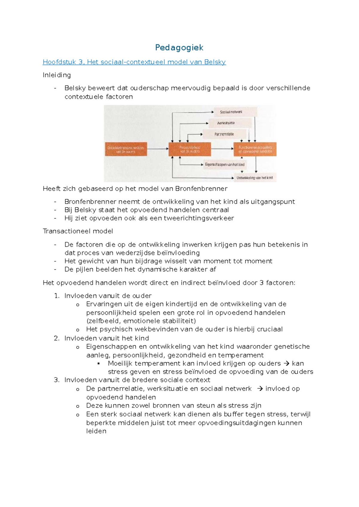 Pedagogiek Hoofdstuk 3: Het Sociaal-Contextueel Model van Belsky - Studocu