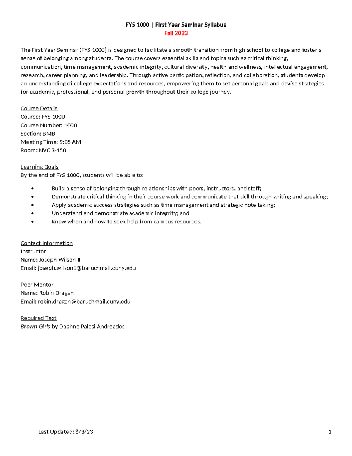 FYS 1000 Syllabus Fall 2023 - FYS 1000 | First Year Seminar Syllabus ...