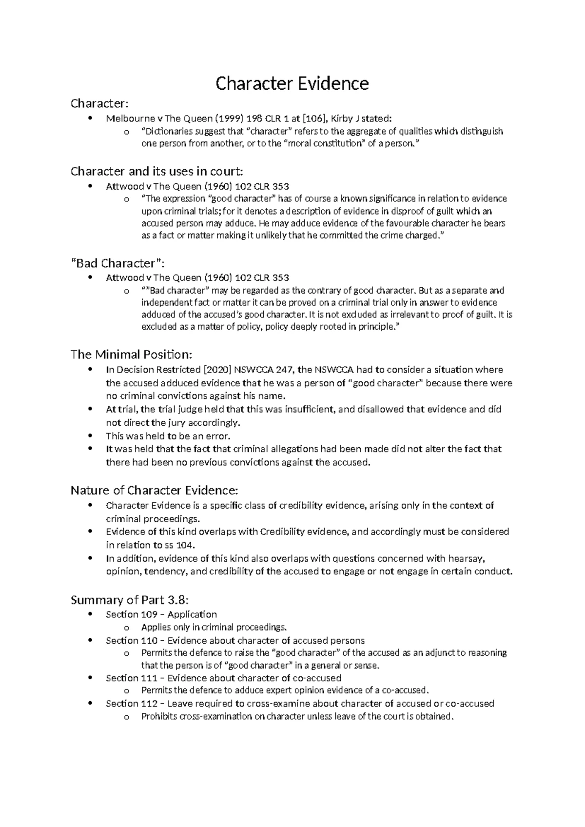 Summary Notes: Tendency and Coincidence Evidence in Law Studies - Studocu