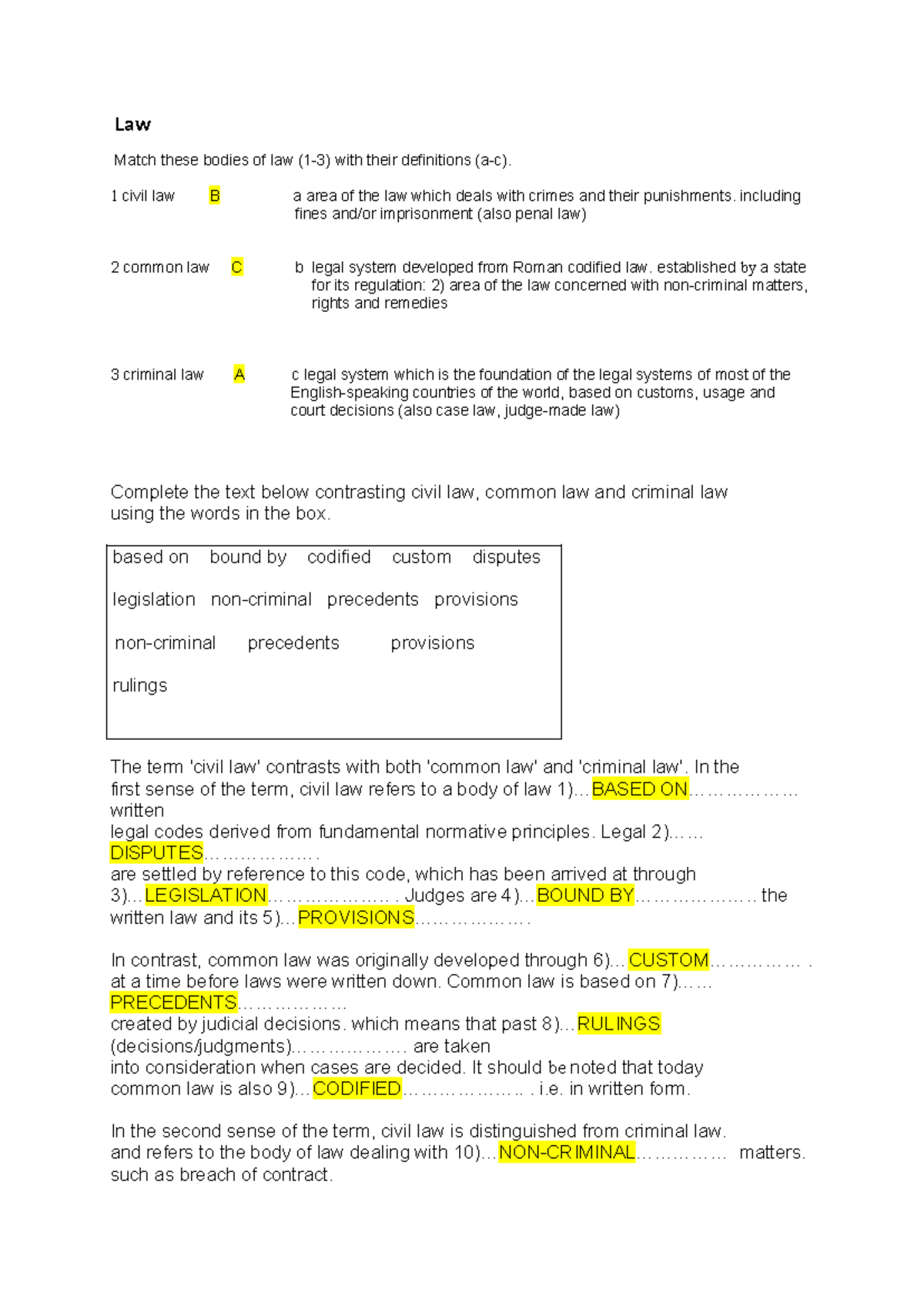 Legal Vocabulary 1 - Answers for Law Definitions and Terms - Studocu
