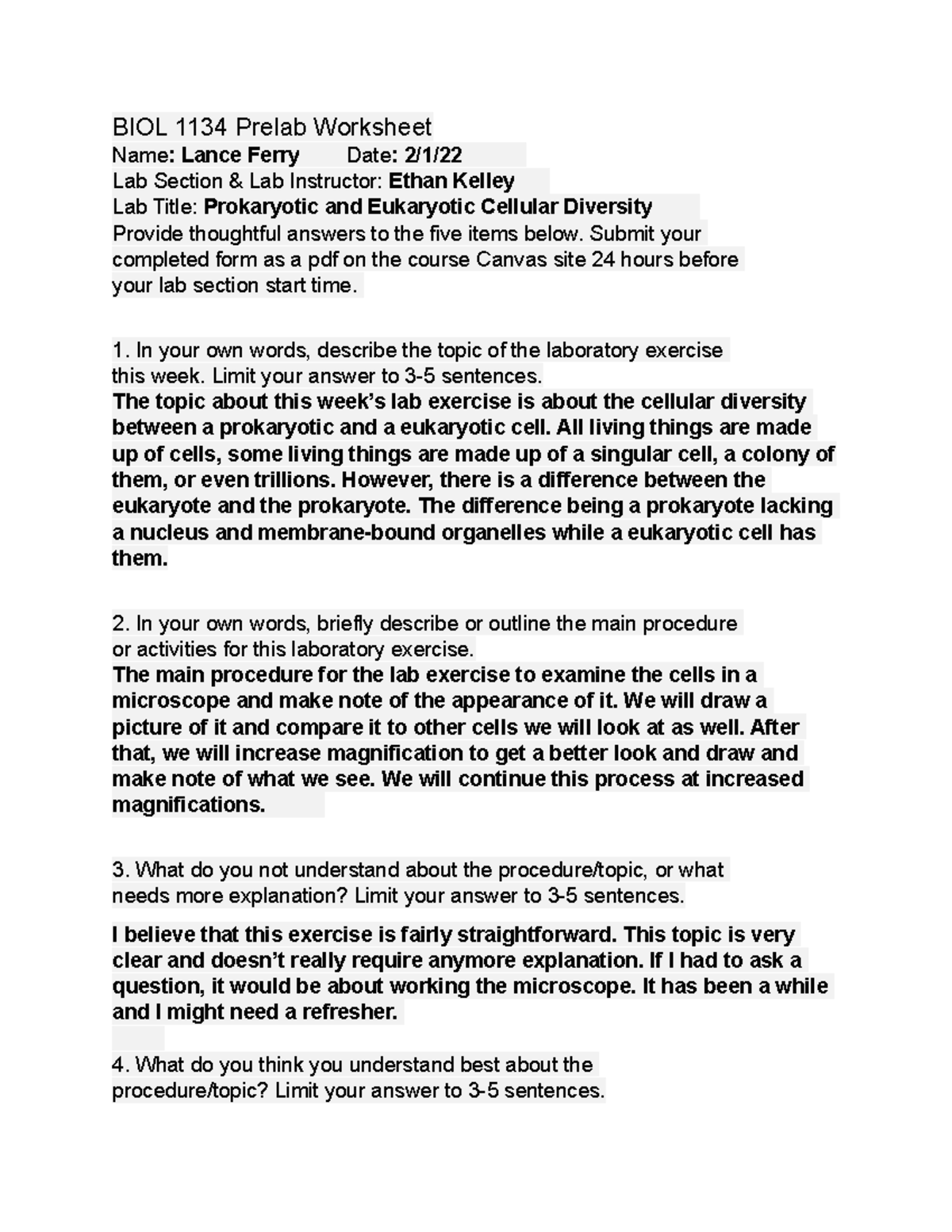 Bio Pre-Lab #1 for the first week, Includes questions - BIOL 1134 ...