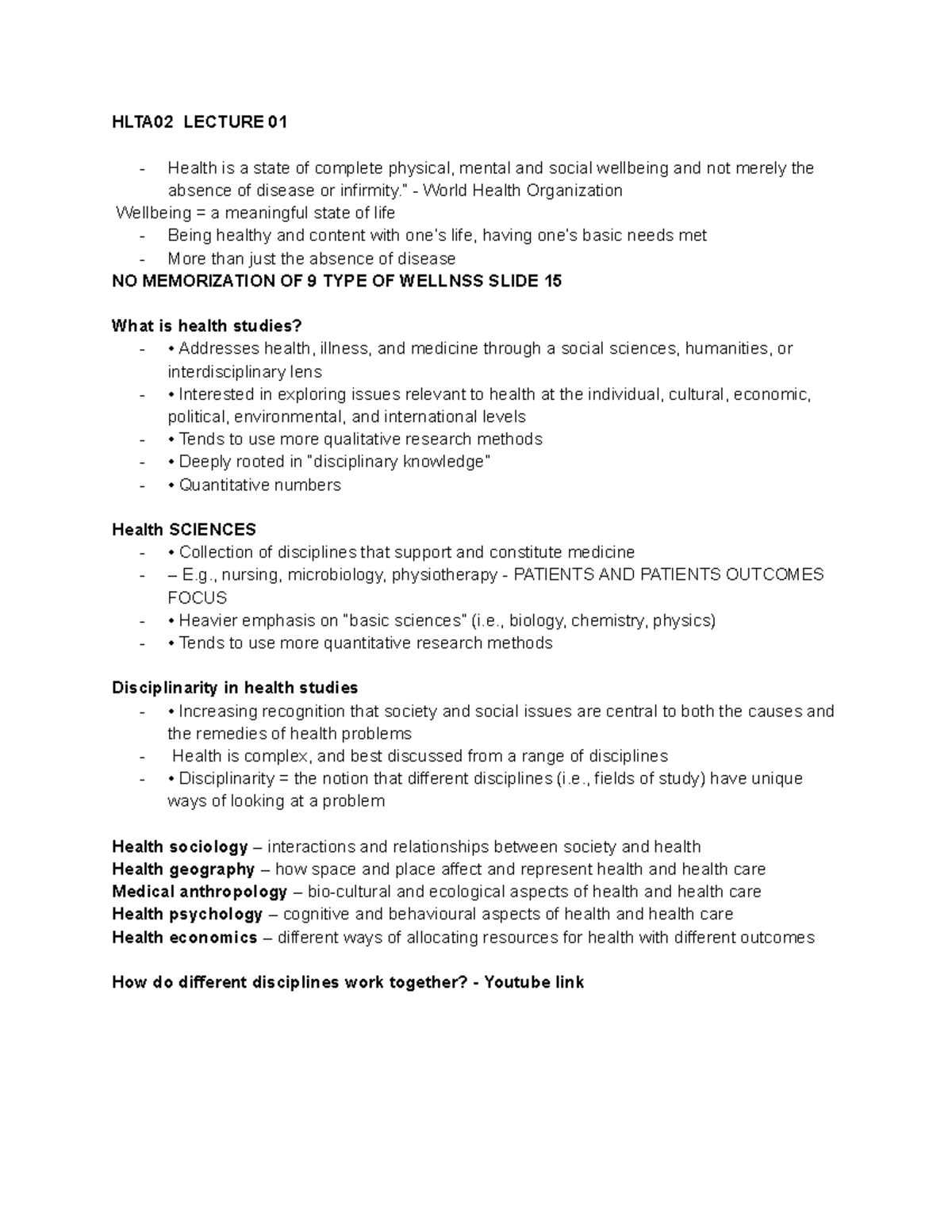 HLTA02 Lecture 01 - Understanding Health and Wellbeing Concepts - Studocu