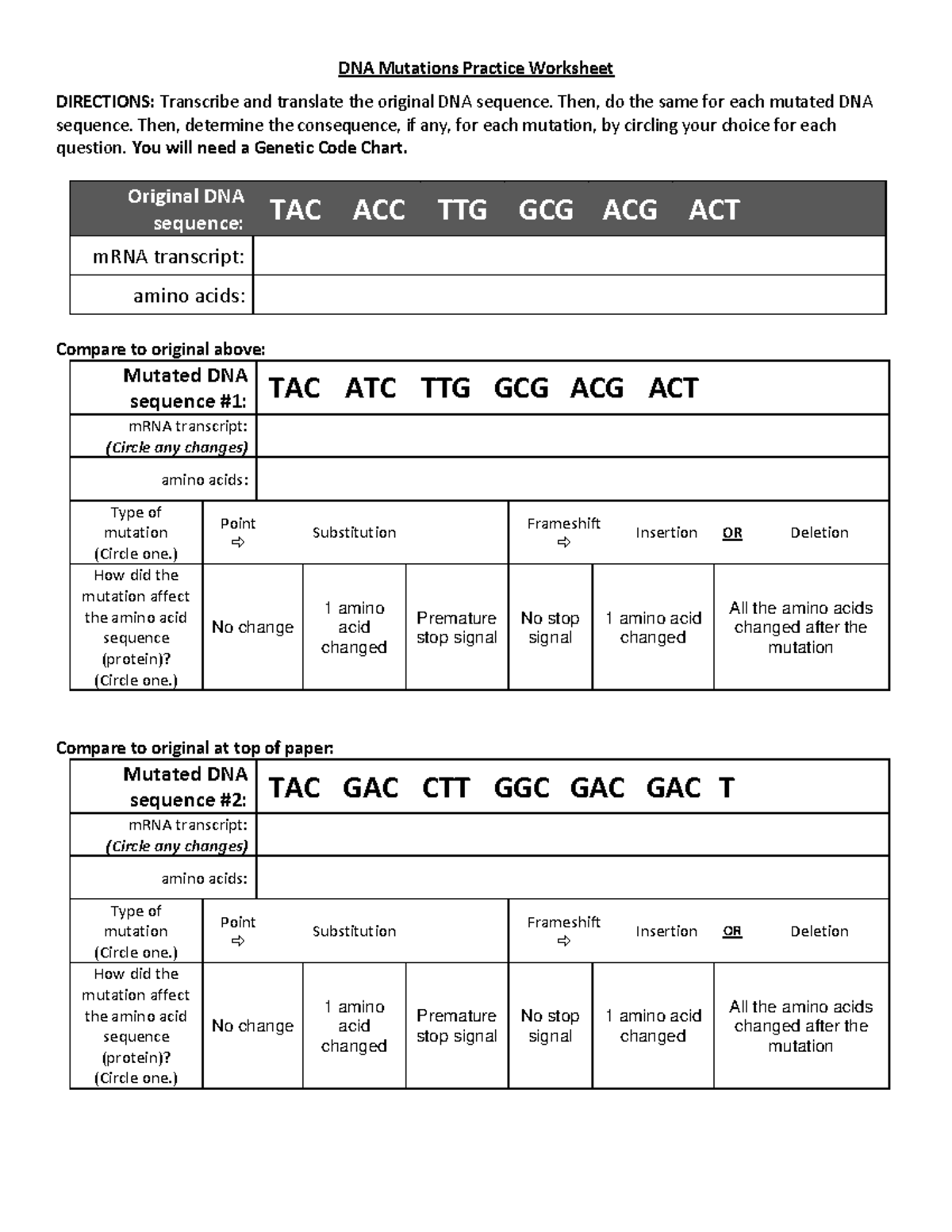 DNA Mutations Practice Worksheet: Transcription & Translation Analysis ...