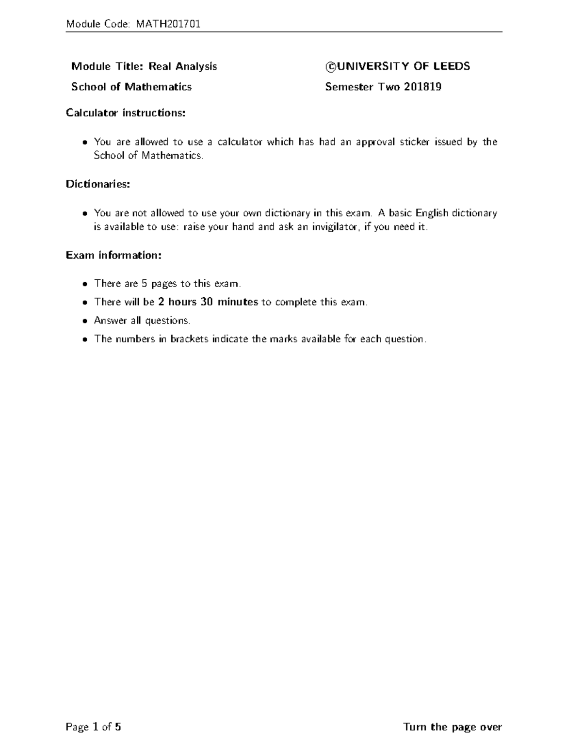 MATH201701 Real Analysis Past Exam Paper Solutions - Studocu