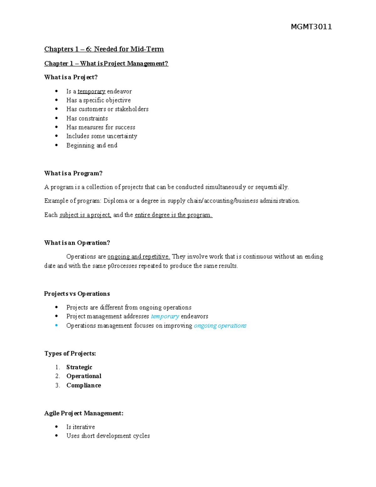 MGMT3011 Project Management Concepts for Mid-Term Preparation ...