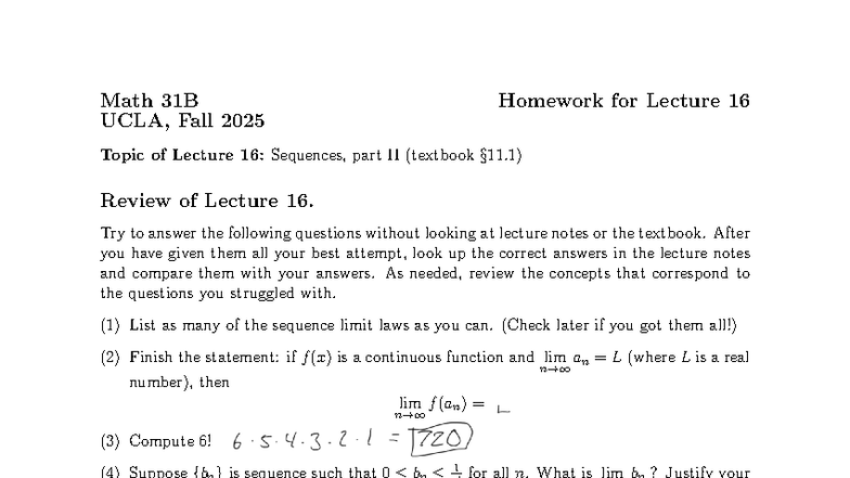 Math 31B UCLA Fall 2025 Lecture 16 Homework: Sequences II - Studocu