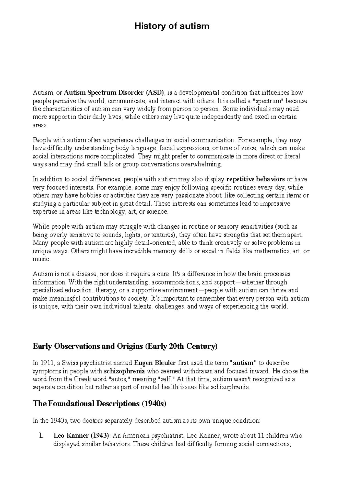 History of Autism: Special Education Notes on ASD - Studocu