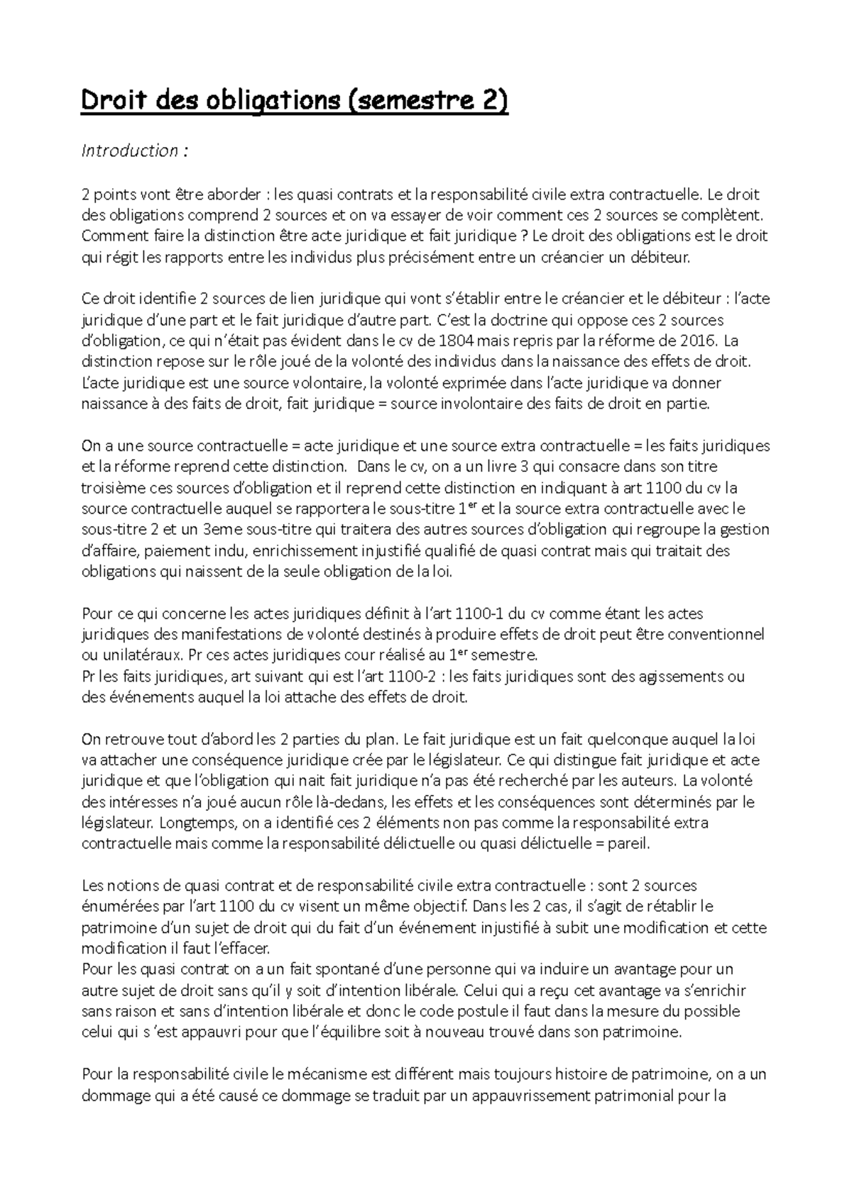 Cours de Droit des Obligations S2 : Quasi-Contrats et Responsabilité ...