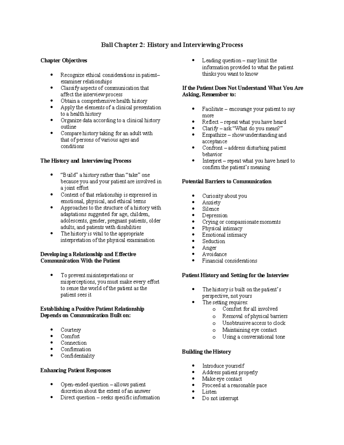 Ball CH2: History & Interviewing Process Overview and Objectives - Studocu