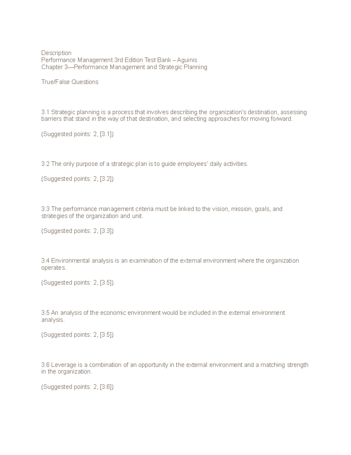 Performance Management 3rd Ed. Test Bank - Ch 3 Strategic Planning ...
