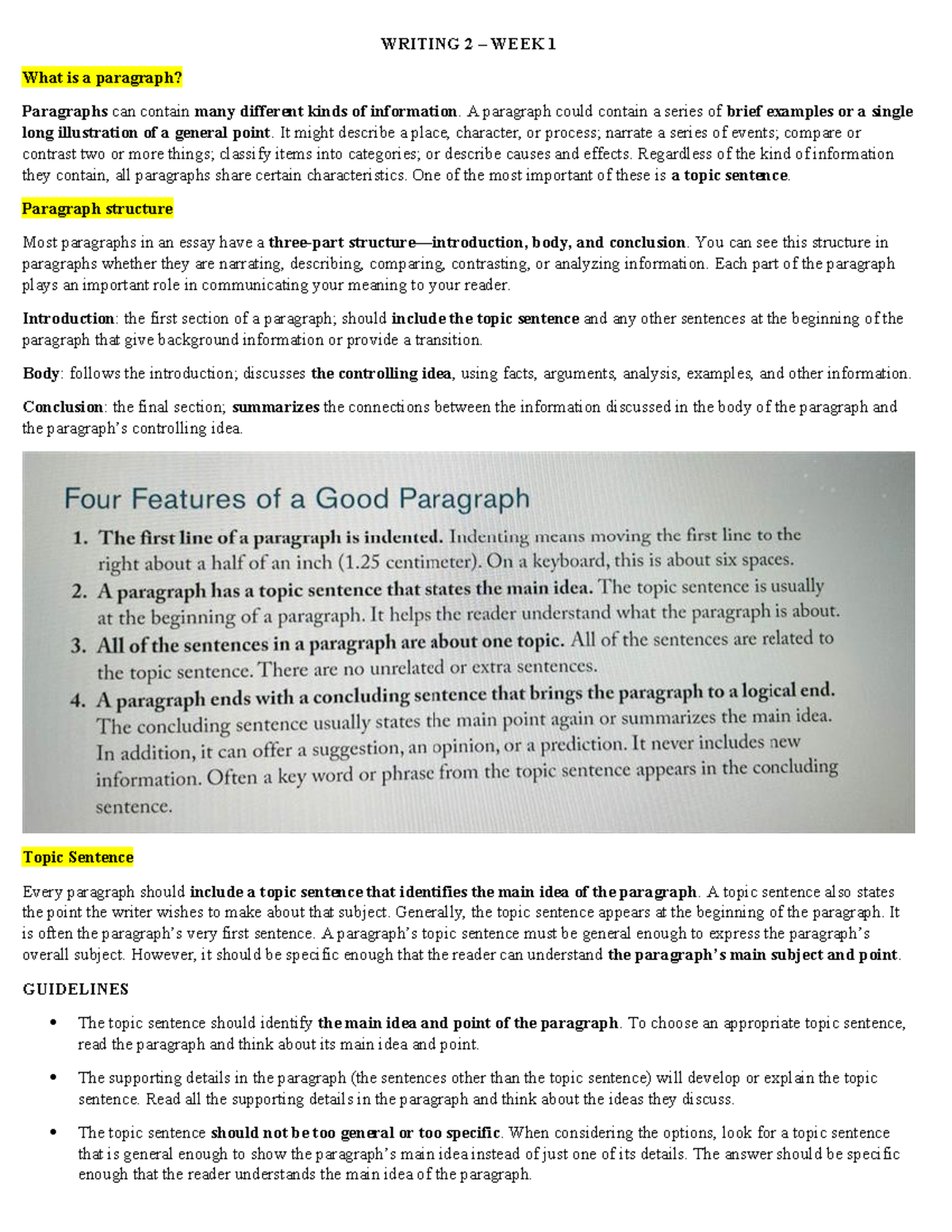 Writing 2 - Week 1: Understanding Paragraph Structure and Topic ...