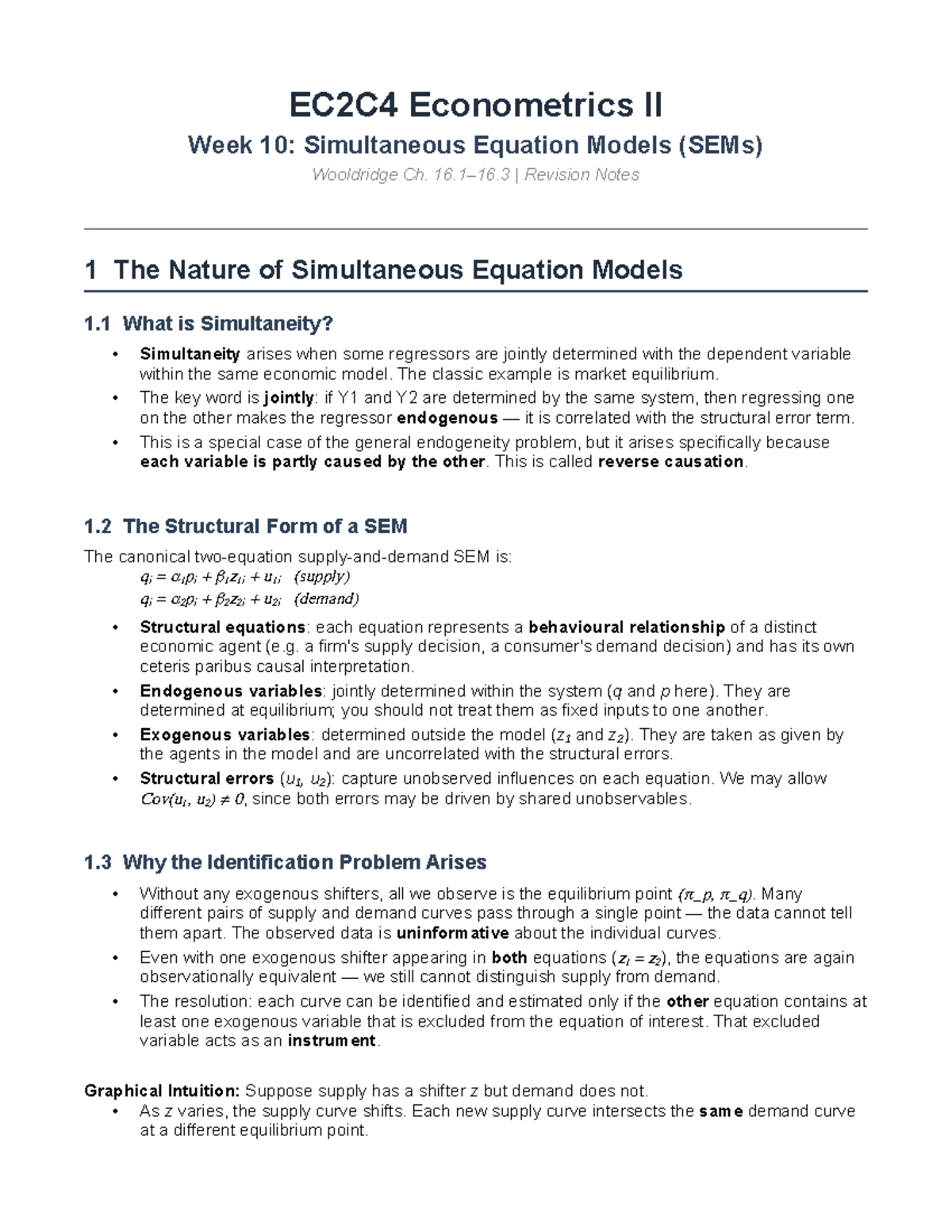 EC2C4 Econometrics II Week 10: SEMs Revision Notes - Studocu