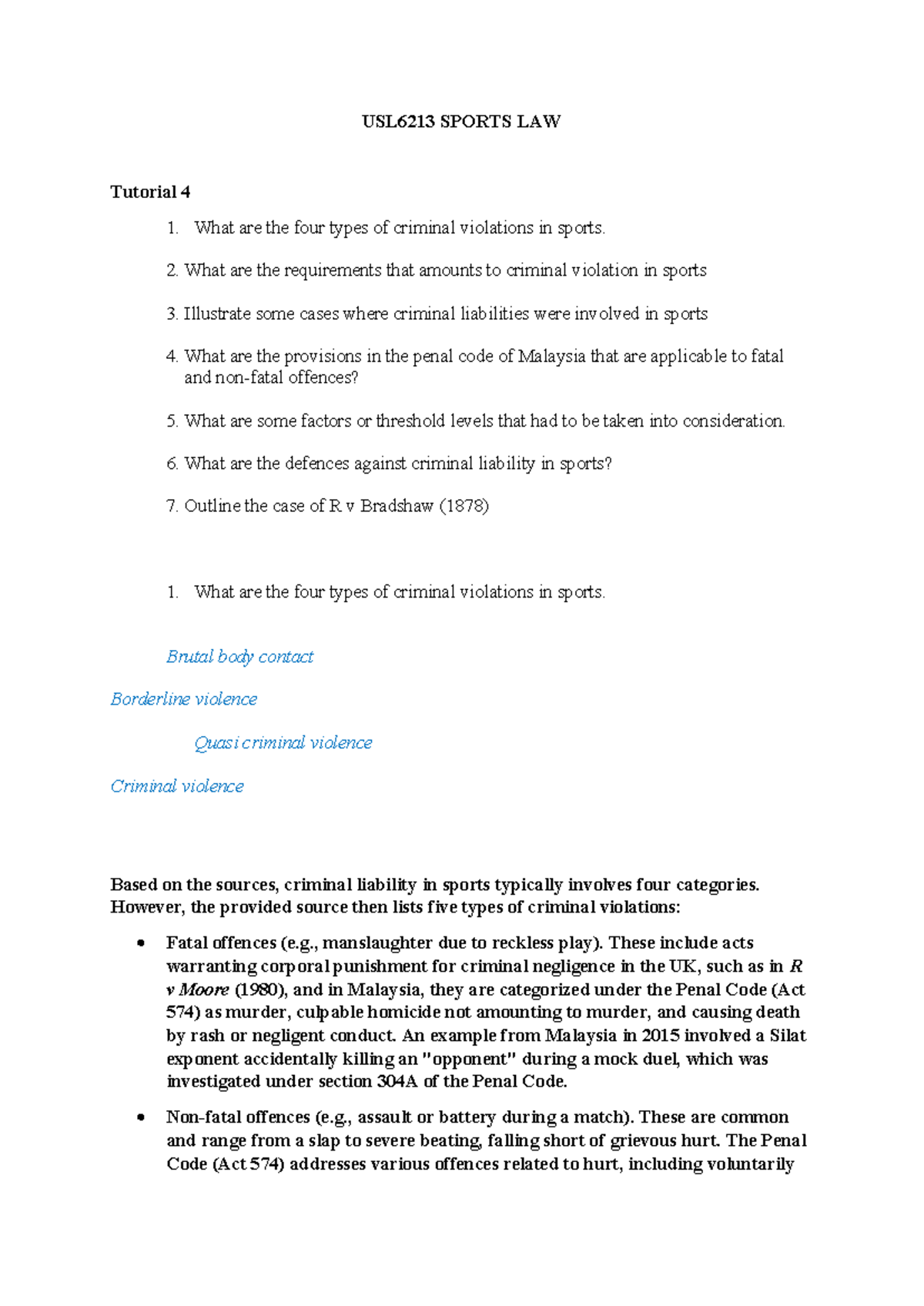 USL6213 SPORTS LAW Tutorial 4: Criminal Violations in Sports - Studocu