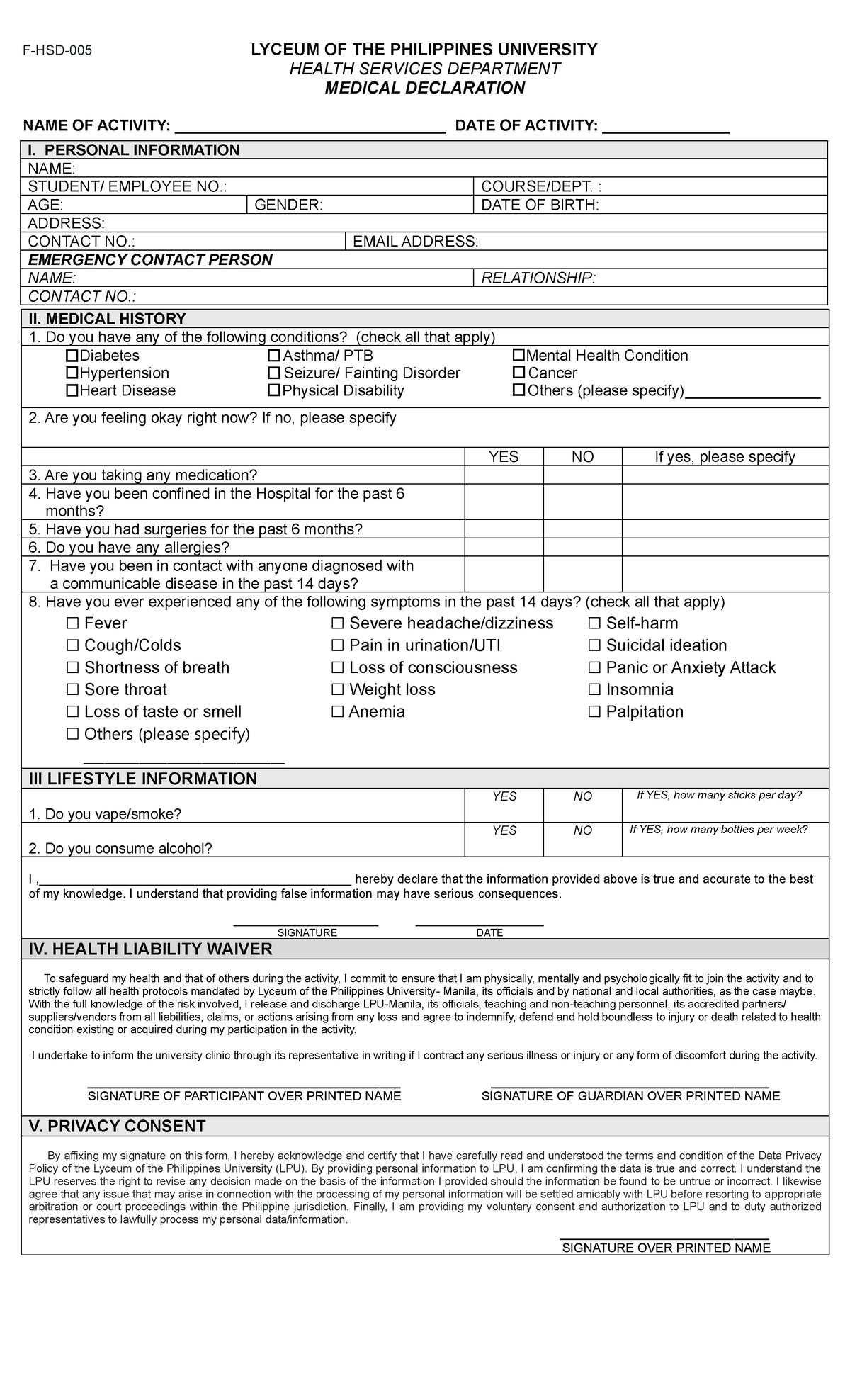 F HSD 005 Medical Declaration for Activity Participation at LPU - Studocu