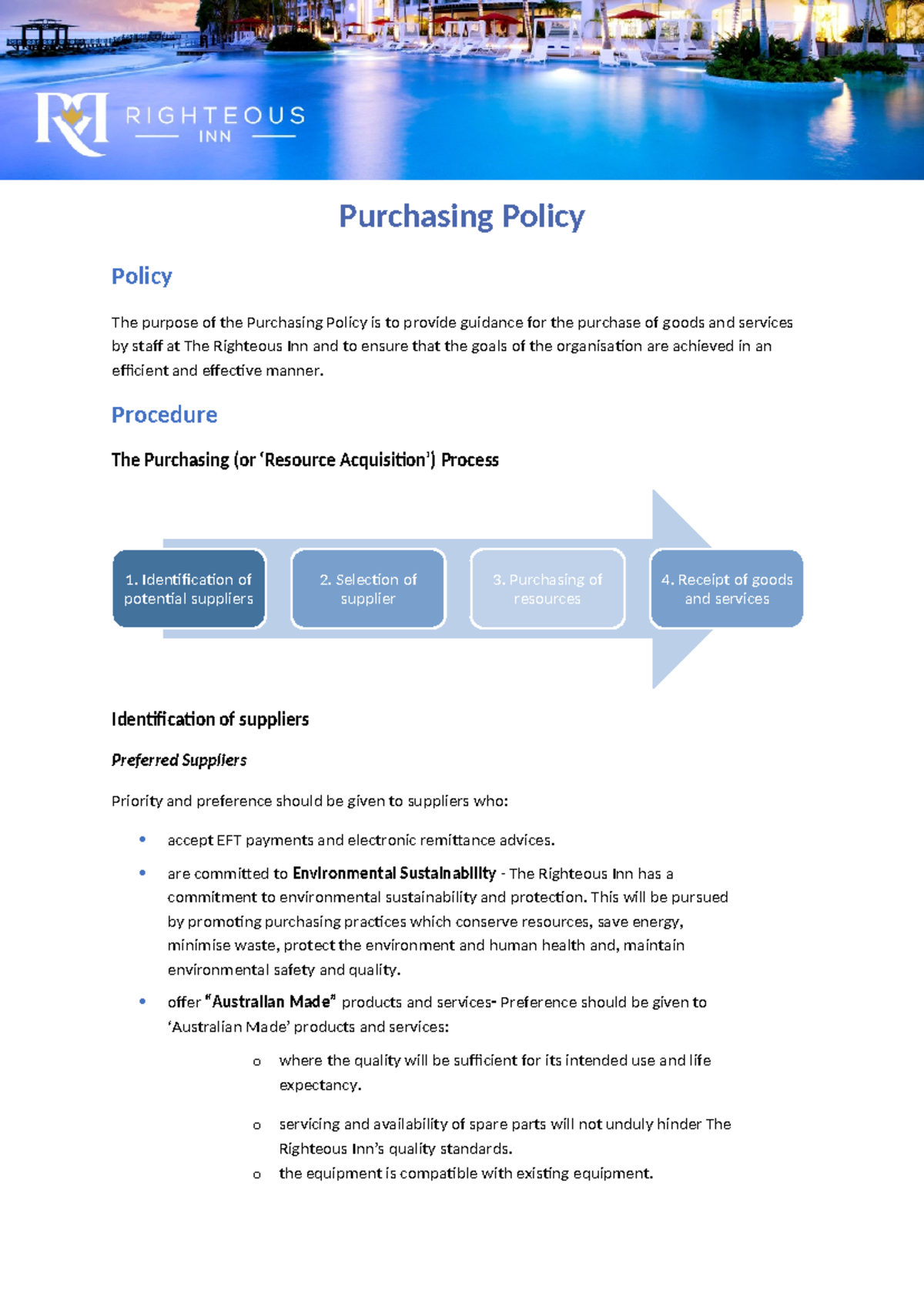 The Righteous Inn Purchasing Policy Guidelines and Procedures - Studocu