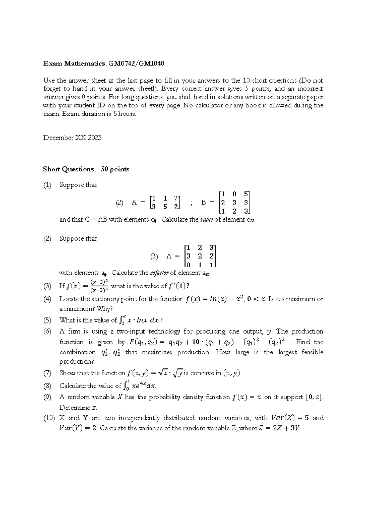 Mathematics Exam Example GM0742 - Short and Long Questions 2023 - Studocu